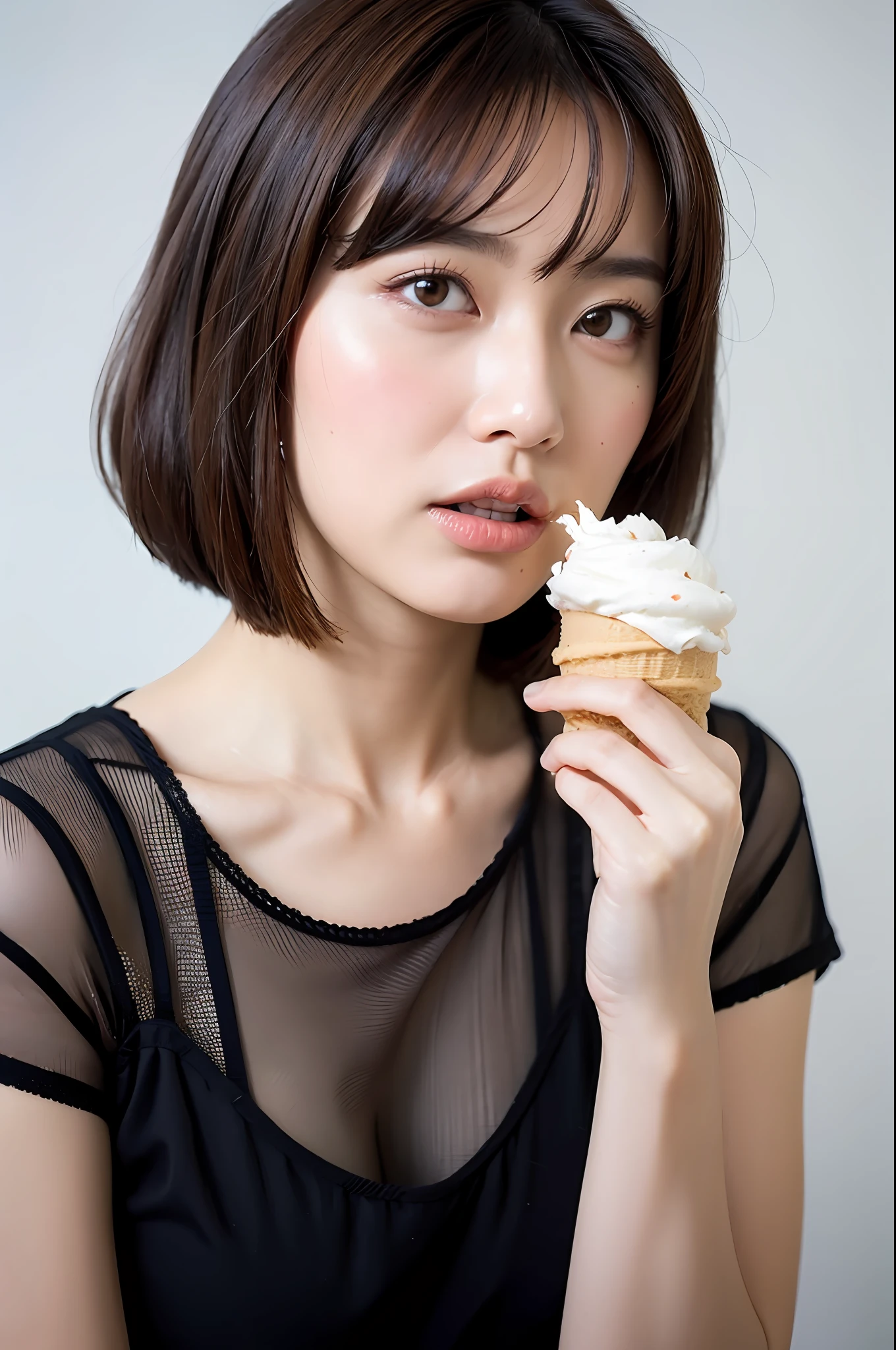 Top Quality, Masterpiece, High Resolution, 1girl, Beautiful and Perfect Face, Bob Layer Cut, Simple and Retro Design Dress, Mini Length, Intricate Details, Cinematic Feel, 8K, Very Detailed, Big, Angle from the Side, Butt Sticking Out, Chest Stretching, Beautiful Face, Full Body Shot, Alone, Office, Licking Ice, Enraptured Eyes, Staring at Soft Ice Cream,