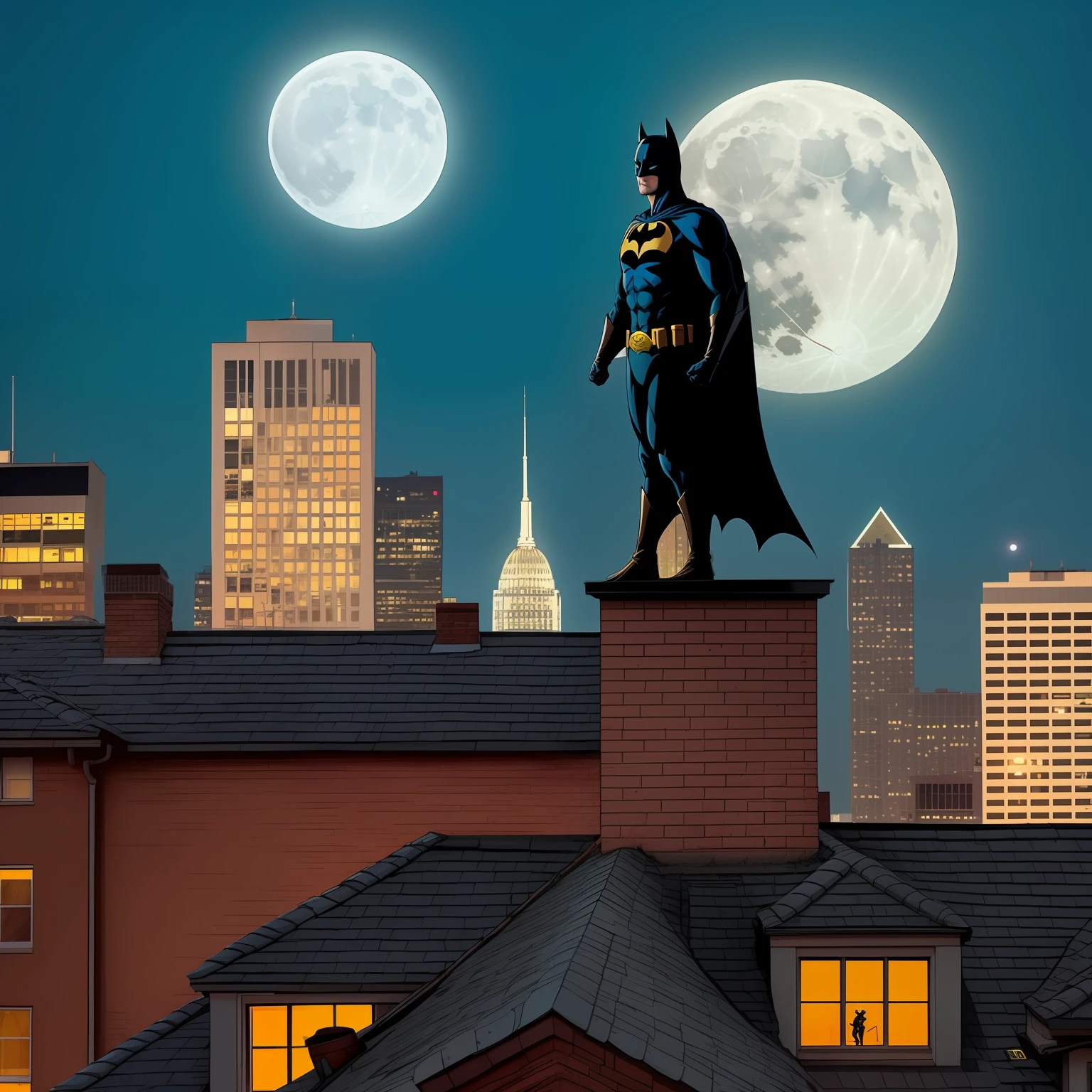 Batman hero dc cartoon style on top of a building. Against the moon