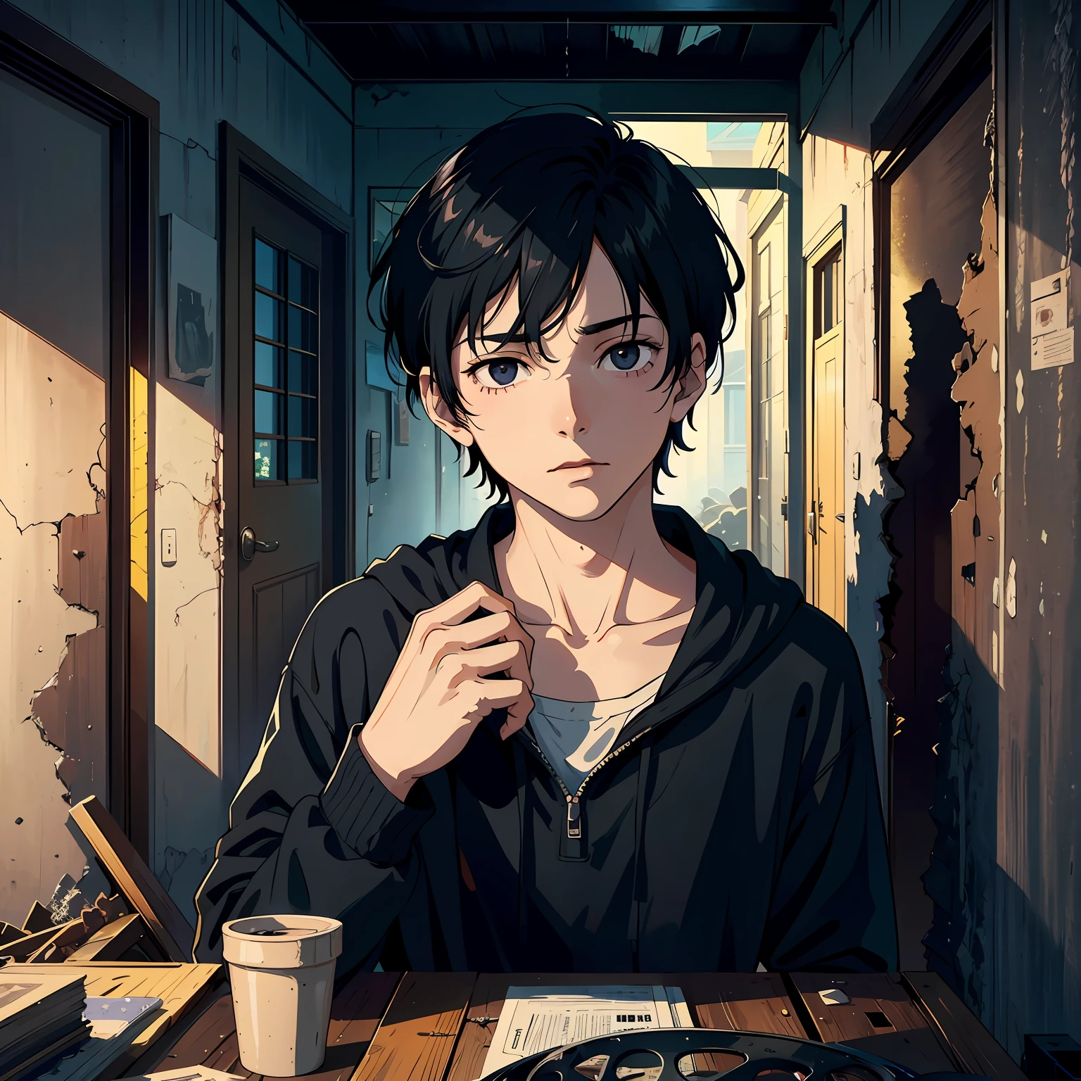 Japanese anime style, Studio Ghibli style, gloomy weather, a room with dark lighting, led stars on the wall bright blurry, 18 year old man, front view, friendly face, closed smile barely noticeable, brunette skin, black sweatshirt, social hair, best detail, 2d, masterpiece, best quality, cartoon rendering, closer to the camera, soft lights, no symbols on clothing, style profile picture, profile, 1:1, blurred background, focus effect, anime style, drawing, animation, Studio Ghibli, 2D" --auto