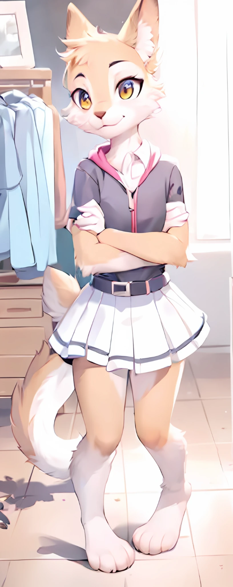 Anthro furry, fursona, wearing pink and white skirt