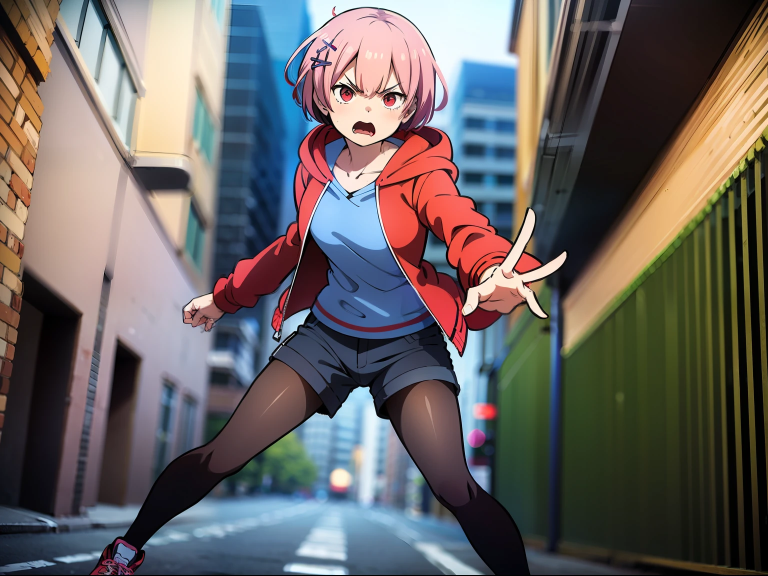 masterpiece, rem rezero, pink hair, red eyes, detailed eyes, angry face, red jacket hoodie, blue shirt, dark shorts, pantyhose, casual oufit, middle of the street, legs apart, action pose, prepared for a fight,