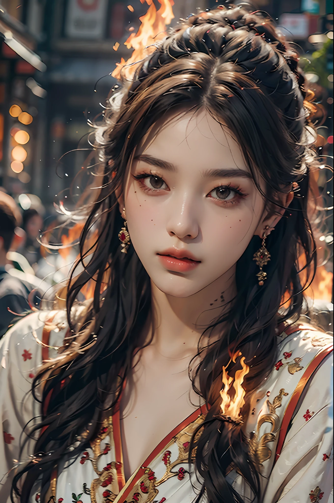 Best quality,masterpiece,ultra high res,(photorealistic:1.4)1girl,beautiful_face,detailed skin,full body,yuhuoshu,jewelry,solo,earrings,(fire:1.3),blurry,realistic,lips,