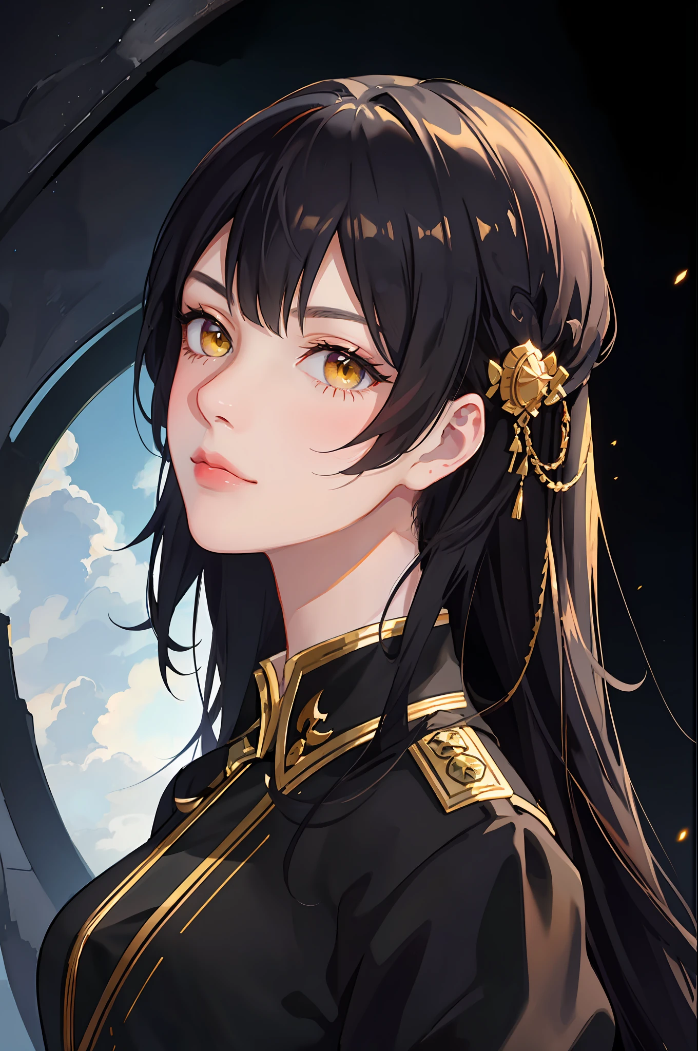 Portrait of a beautiful young woman, villain, yellow eyes, black short hair, square, black general's uniform, empire