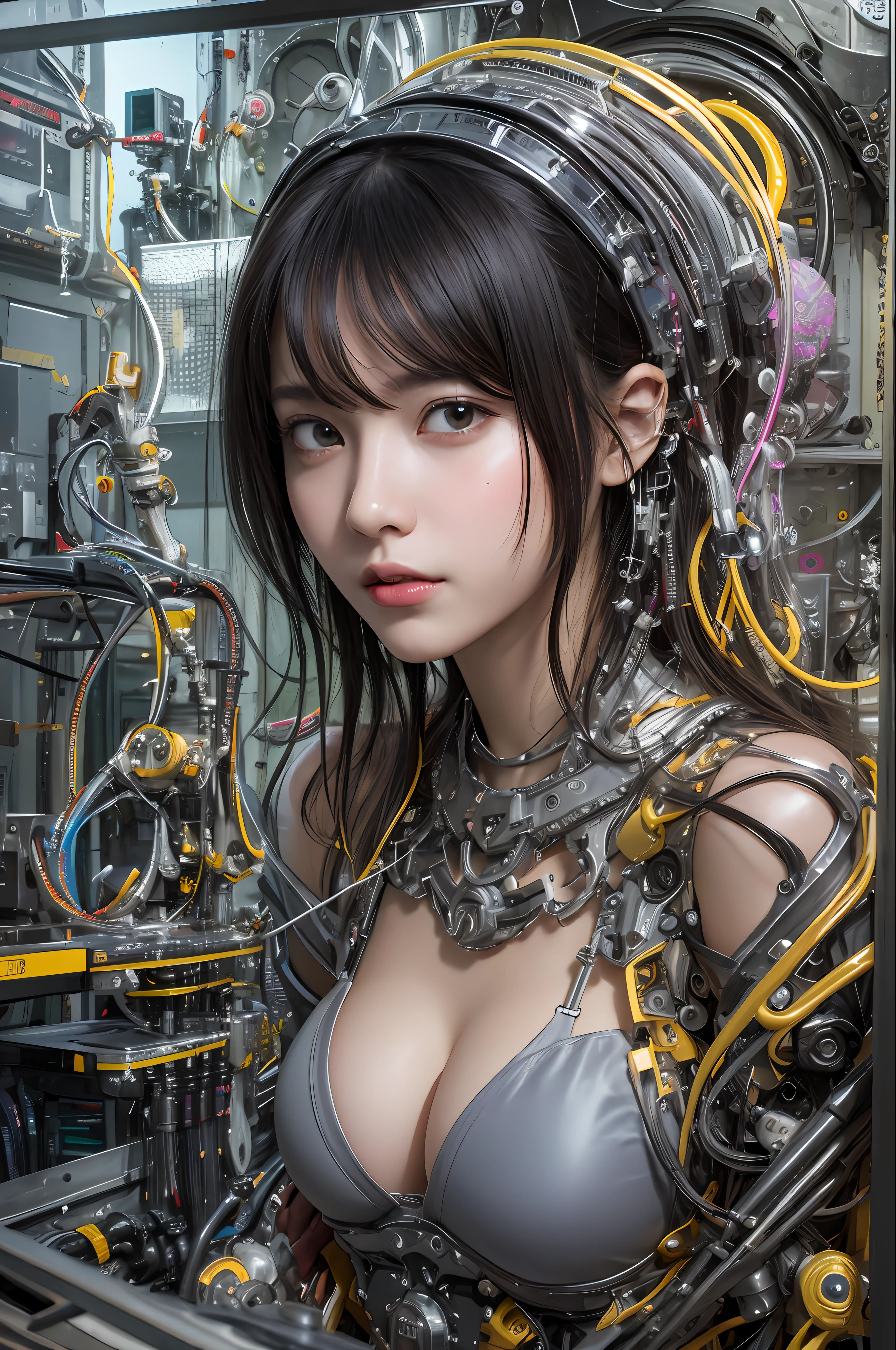 Top Quality, Masterpiece, Ultra High Resolution, (Photorealistic: 1.4), Raw Photo, 1 Girl, Black Hair, Glossy Skin, 1 Mechanical Girl, (Ultra Realistic Details)), Portrait, Global Illumination, Shadows, Octane Rendering, 8K, Ultra Sharp, Glossy Skin, Realistic Skin, Big, Cleavage Exposed Raw Skin, Metal, Intricate Ornaments Details, Art Nouveau details, highly intricate details, realistic light, CGSoation trends, purple eyes, glowing eyes, facing the camera, neon details, mechanical limbs, blood vessels connected to tubes, mechanical vertebrae attached to the back, mechanical cervical attachment to the neck, sitting, wires and cables connecting to the head, analog meters, pressure gauges, vacuum tubes, gears, Small LED lamp, background is a futuristic server room,