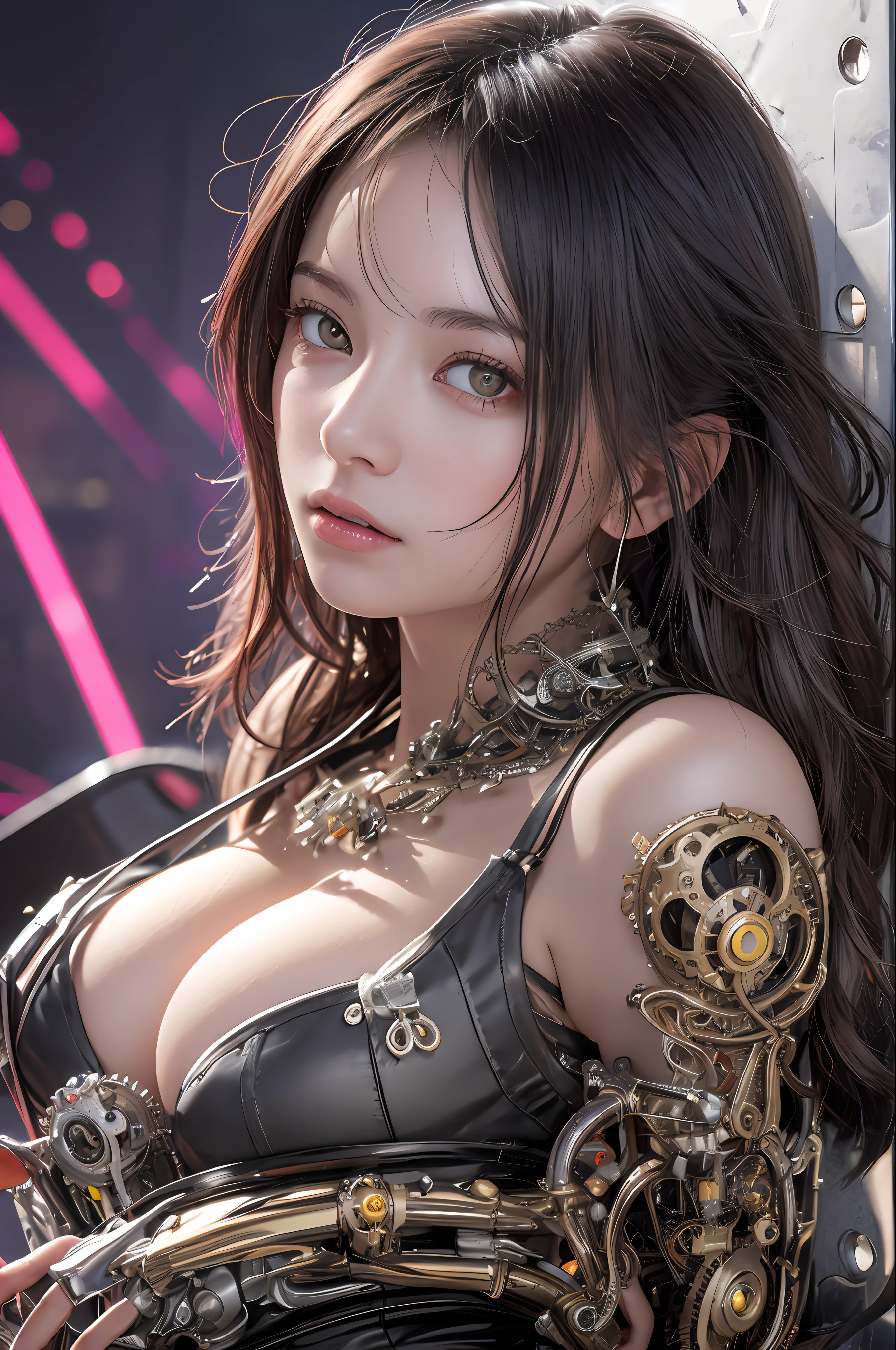 Top Quality, Masterpiece, Ultra High Resolution, (Photorealistic: 1.4), Raw Photo, 1 Girl, Black Hair, Glossy Skin, 1 Mechanical Girl, (Ultra Realistic Details)), Portrait, Global Illumination, Shadows, Octane Rendering, 8K, Ultra Sharp, Glossy Skin, Realistic Skin, Big, Cleavage Exposed Raw Skin, Metal, Intricate Ornaments Details, Art Nouveau details, highly intricate details, realistic light, CGSoation trends, purple eyes, glowing eyes, facing the camera, neon details, mechanical limbs, blood vessels connected to tubes, mechanical vertebrae attached to the back, mechanical cervical attachment to the neck, sitting, wires and cables connecting to the head, analog meters, pressure gauges, vacuum tubes, gears, Small LED lamp, background is a futuristic server room,