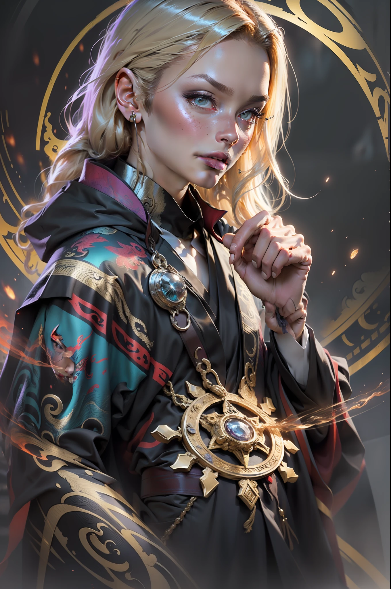 Scarlet Witch Blonde Black Robe Detail in Purple and Gold, Magic Robes, Black Robe Standing on the Board, Painted in Arcane Style, Flowing Magic Cloak, Flowing Robes, Epic Magician Character,Long Robes, Fancy Robe, Spell Pose,((Detailed Face)),((Detailed Pores)), Magic Circle in the Background, Dragons in the Background