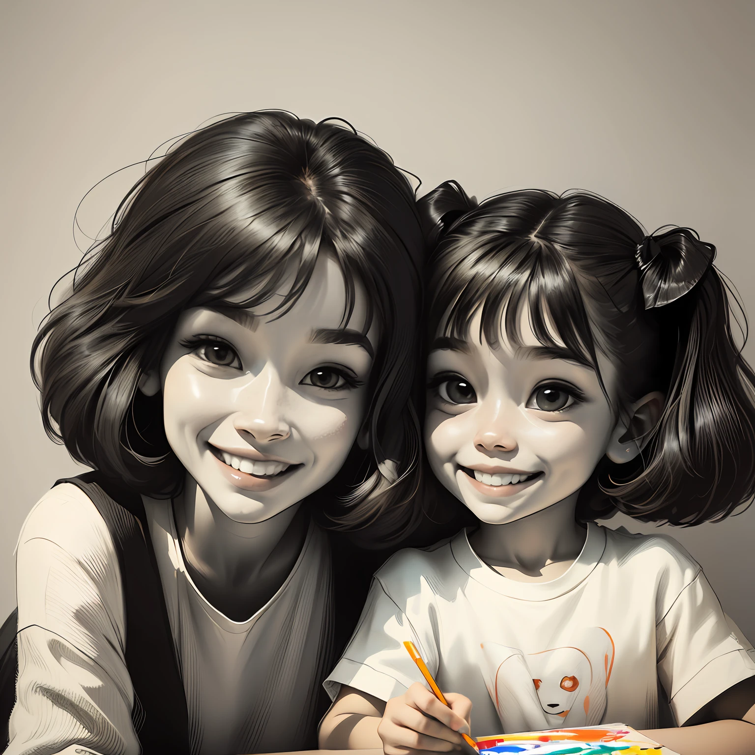 small child smiling and painting with colored pencils a black and white image of dog and his mother next to the girl smiling at the observer