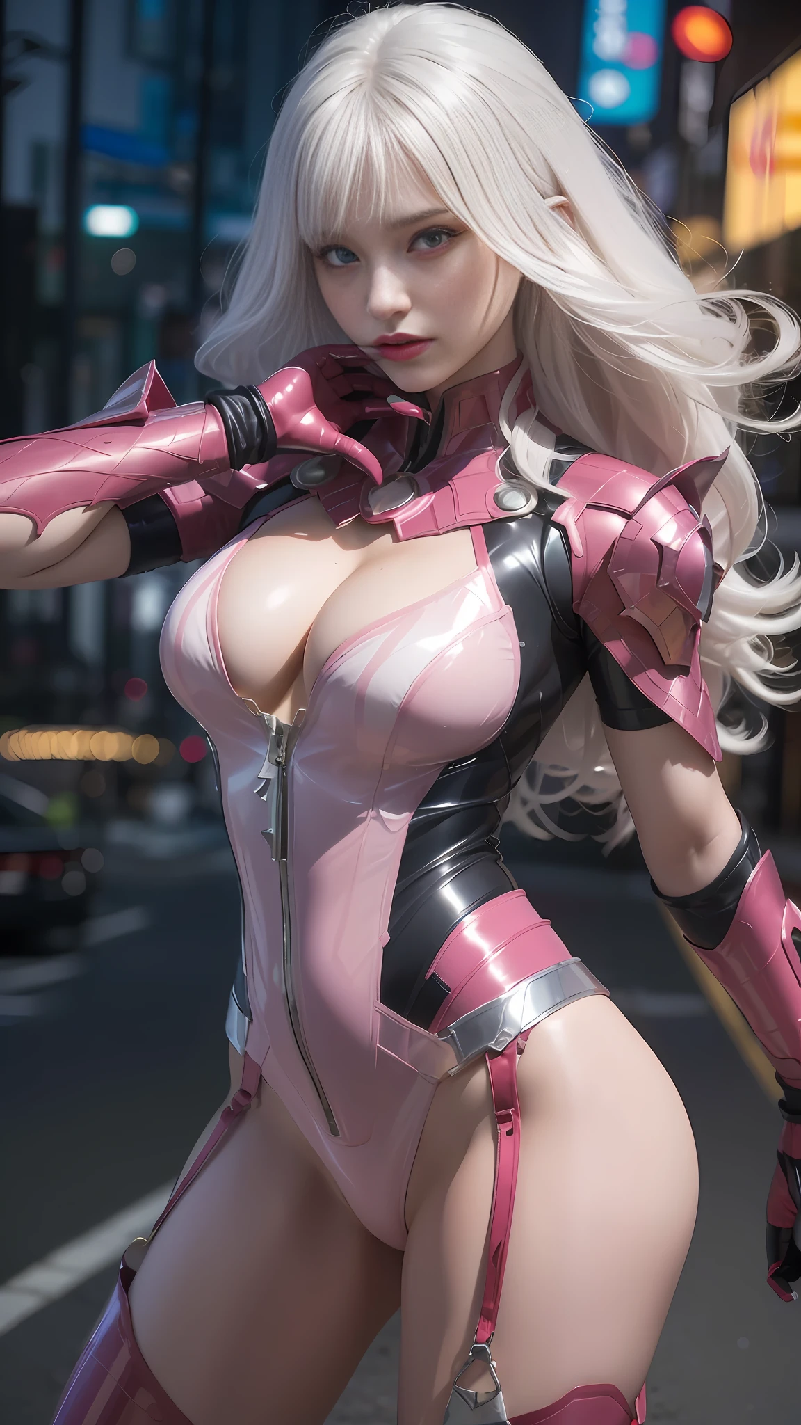 A woman in a red and black tights, white hair, {latex}, gold-rimmed garment, gold chains, clear eyes, symmetrical eyes, dark eye shadow, {very big breasts}, exaggerated breasts, breasts larger than her own head, collar pulled all the way to the navel, {black stockings}, {slim}, {glossy}, long legs, very slender waist, 8k Artgerm bokeh, extremely detailed ArtGerm, IG model