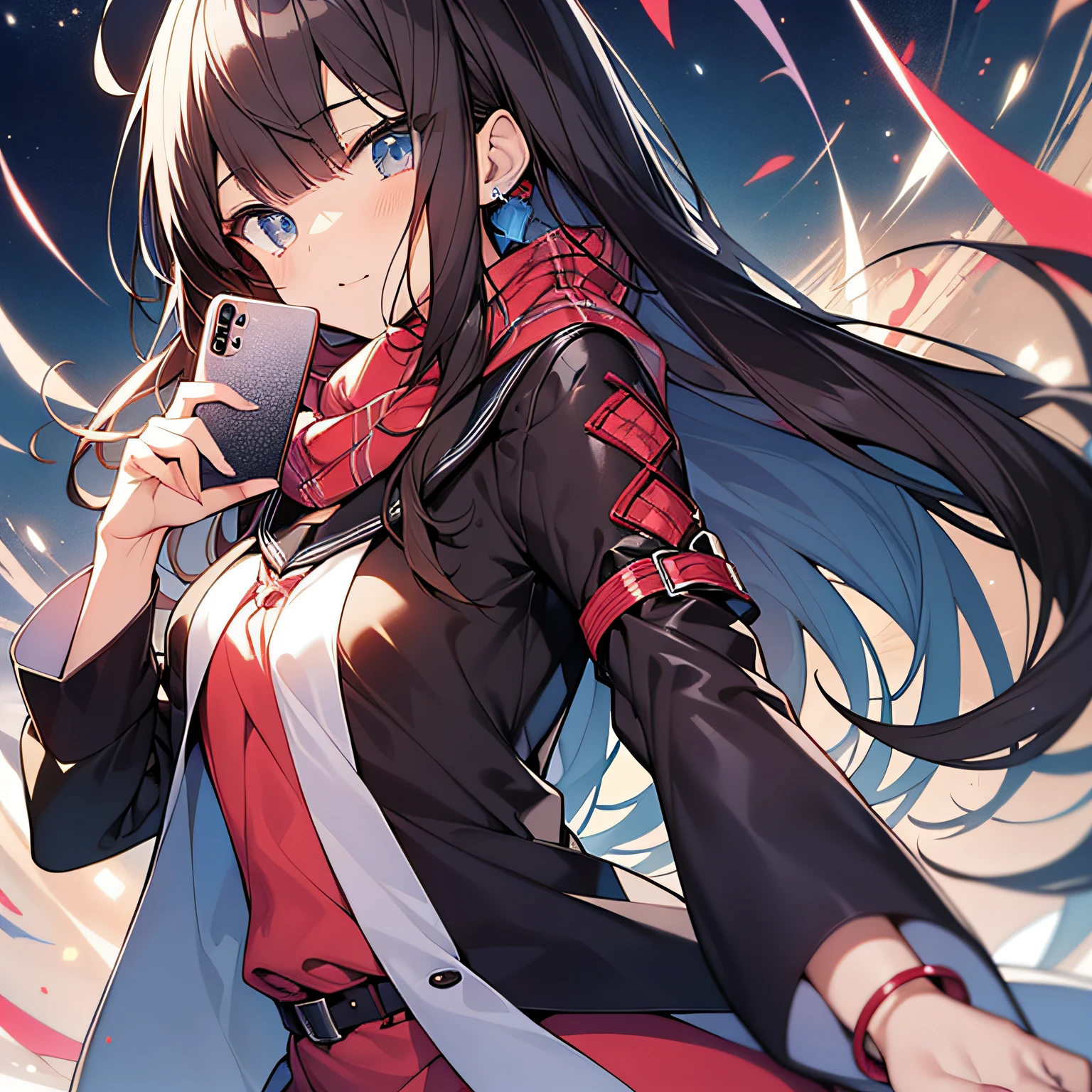 Anime girl with brown hair and scarf looking at mobile phone, beautiful eyes like jewels, beautiful illumination on background, anime style 4K, anime style. 8K, Cute Anime Girl, (Anime Girl), Cute Girl Anime Visual, Digital Anime Illustration, Digital Anime Art!, Anime Moe Art Style, 4K Anime Wallpaper, Beautiful Anime Girl, Anime Girl, Anime Waraper, Digital Anime Art