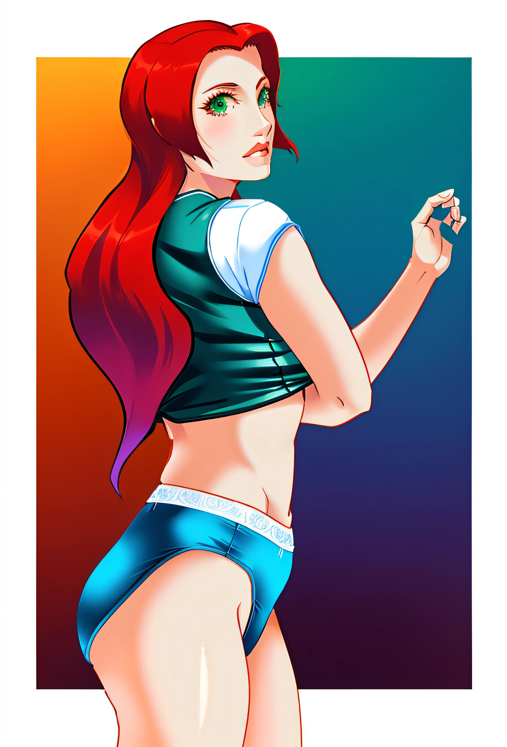 Red haired Curvy Latina with green eyes in blue shirt and white cotton high cut panties, lifting shirt, anime art style, intricate details