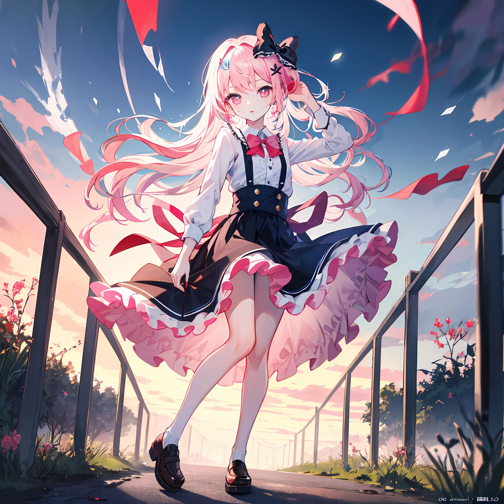 Top Quality, Masterpiece, High Definition, Very Detailed, 8k, One Girl, Cute, Anime, Crystal Clear White Skin, Sensual, Full Body, 2nd Grade, , (Hair Color Shiny Light Pink), Beautiful Cute, Bow on Head, Too Many Hair Ornaments, Tiered Layers Skirt, One Piece, Alice in Wonderland Style, Miniskirt, Lift Skirt, Wind, crazy worldview, bloody, eyes glowing suspiciously red, fairyland, back road, become anxious