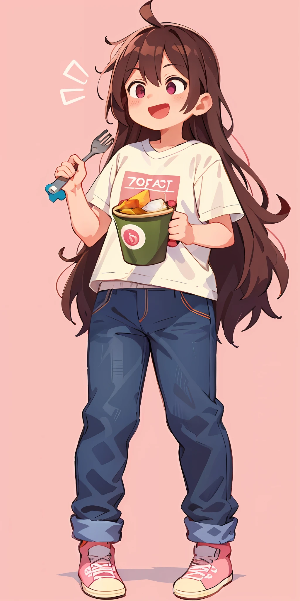 Illustration, lines, pink background, a brown-colored line of long-haired girl, wearing Over size T-shirt jeans, serving breakfast to the audience, very happy, full body, Q version, minimalist style, absurd details, masterpiece