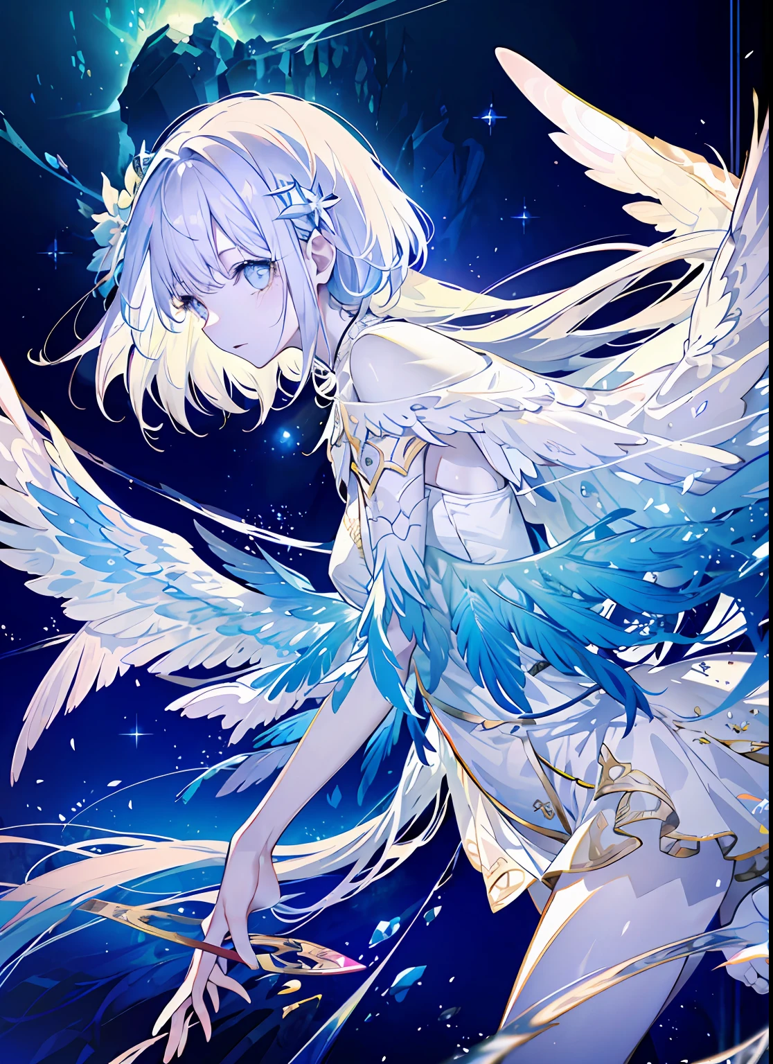 An angel is depicted with a pale and luminous complexion, their skin seemingly glowing with an otherworldly radiance. They are adorned with a pair of sparkling and graceful wings, symbolizing their divine nature. The scene is ethereal and enchanting, capturing the beauty and mystery of these celestial beings. angel, pale, luminous, complexion, glowing, otherworldly, radiance, sparkling, graceful, wings, divine, ethereal, enchanting, beauty, mystery.upper body,