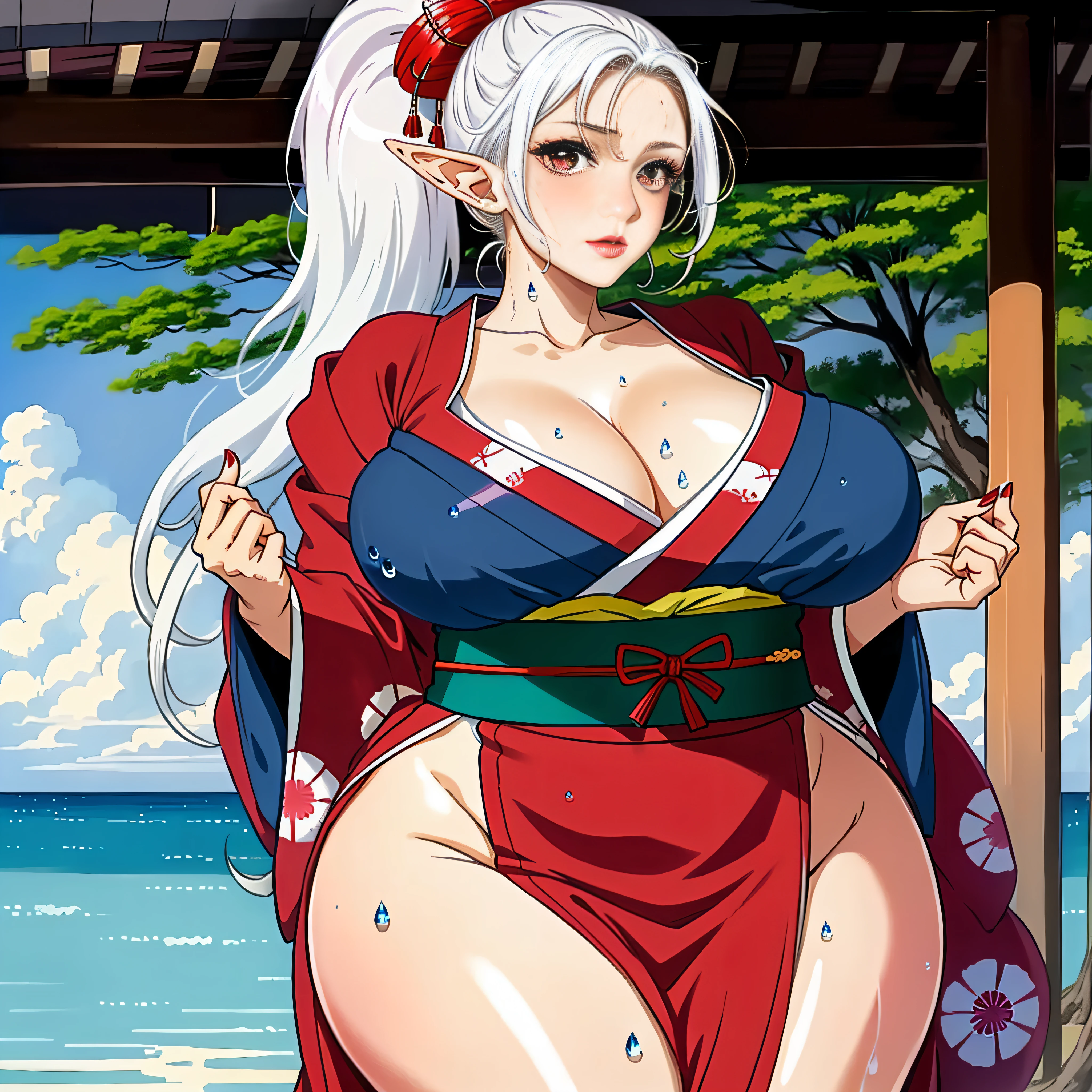 masterpiece: 1.2, best quality), anime, (real picture, intricate details, depth of field), (1girl, solo), perfect eyes, perfect face, perfect hands, perfect lighting, makeup, lips half-open, elf, highly detailed, perfect face, (huge breasts: 1.4), (skindentation), thick thighs, wide hips, thin waist, high, shiny coral lips, white hair, red eyes, big ponytail, (A girl, Japanese kimono, fan in hands), (sweat: 1,2), (wet), sexy, blushing,