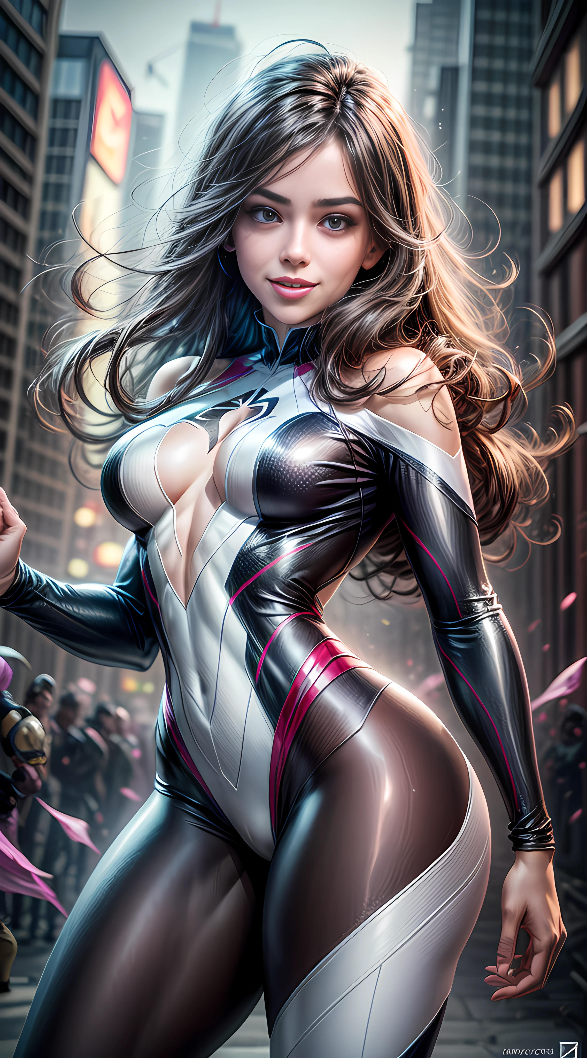 MASTERPIECE, ABSURDRES QUALITY, NIGHT LIGHT, 9 p.m., ((Best quality, 8k, Masterpiece: 1.3)), Sharp focus: 1.2, A Spider Gwen cosplay woman, dressed as the character Spider Gwen, (((BIG SMILE))) style Aly Fell and artgerm, beautiful digital art, raymond swanland style, epic digital art illustration, alena aenami and artgerm, zenescope, by Marek Okon, artgerm julie bell beeple, intricate body, sharp focus in the eyes, ((background blur)), 8k, unreal engine 5, thick arms, (((thick legs)))