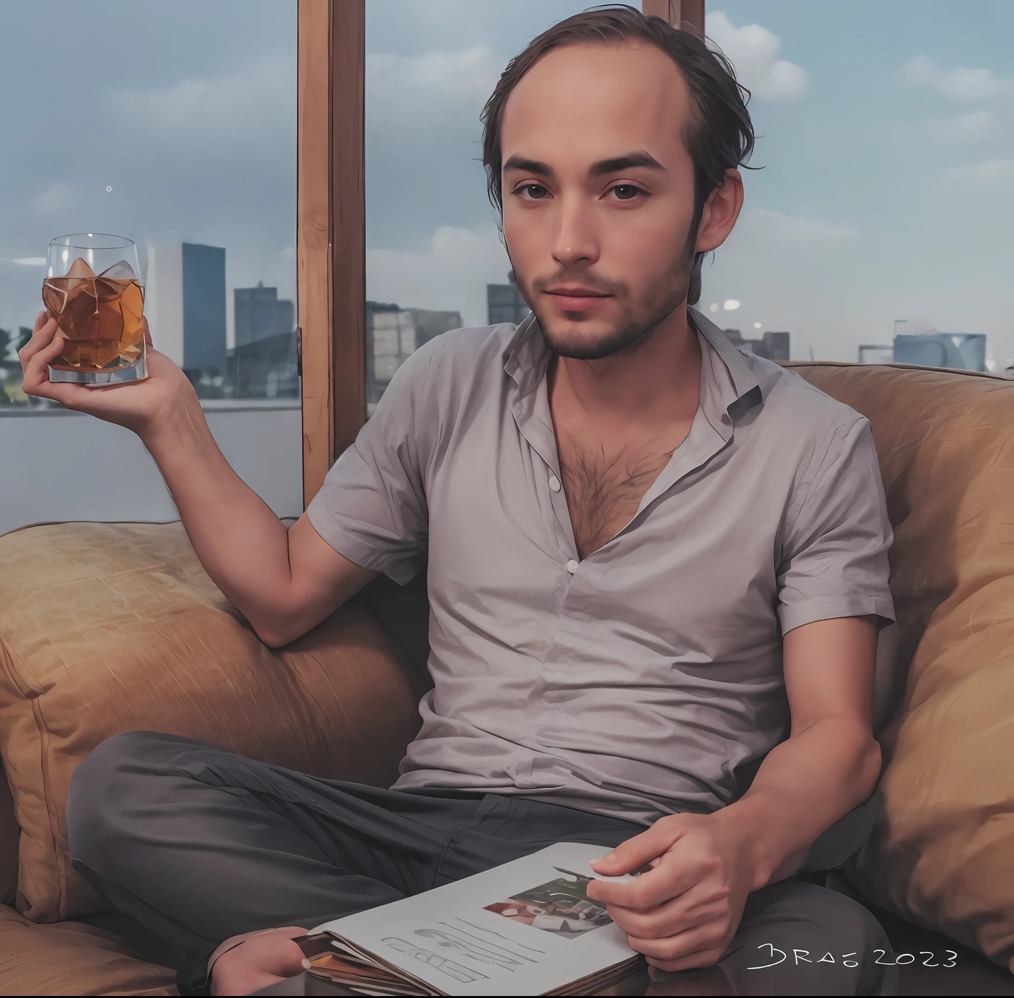 Young, good-looking man drinking a glass of whiskey, inside the glass, there is a couple of Central Americans greeting him.