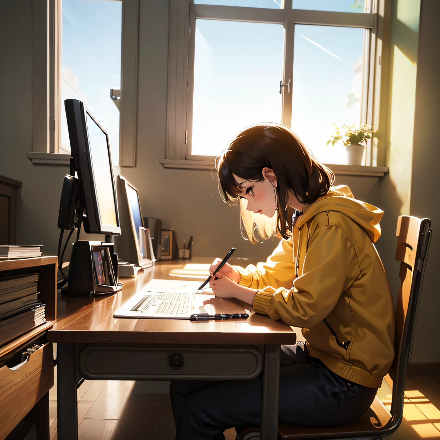 Holding a pen, struggling, woman in plain clothes, sitting in front of a desk, profile, insanely detailed description, soft sunlight shining through the window. --auto