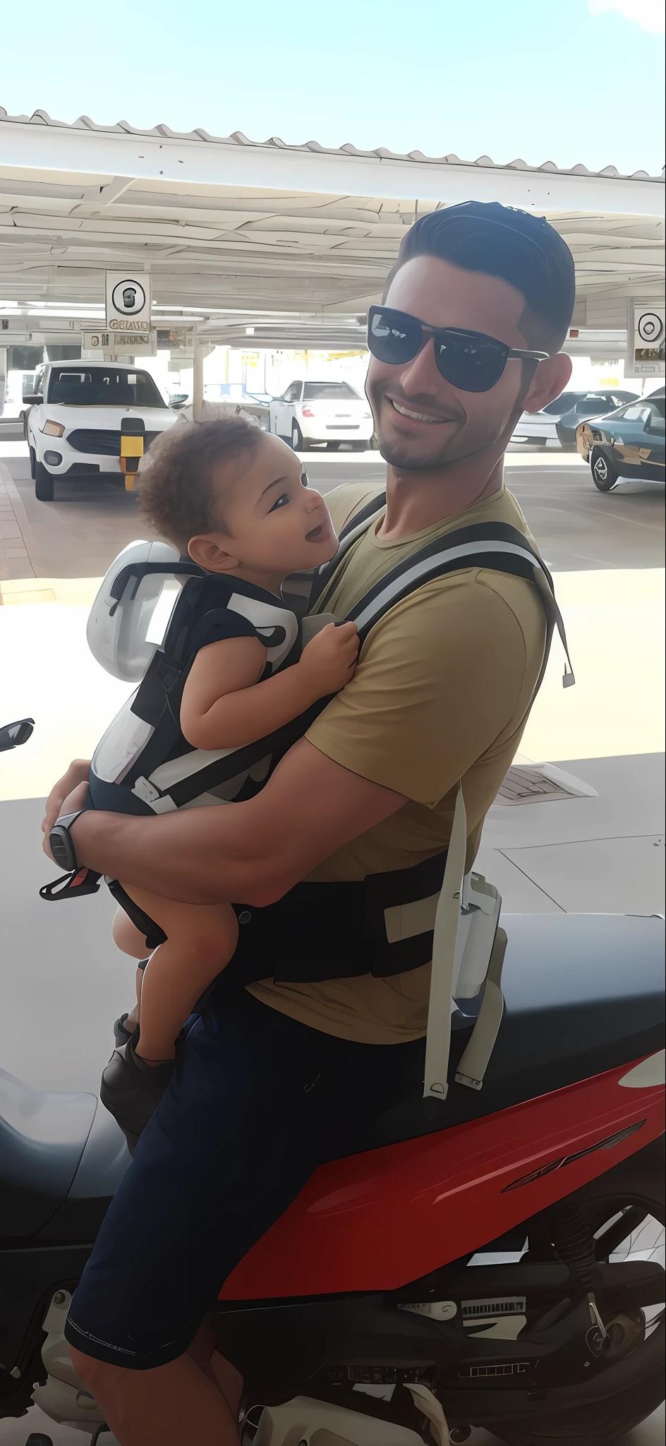 there is a man holding a baby on a motorcycle with a baby in his arms, with a kid, by Samuel Silva, by Romain brook, high quality upload, caio santos, by Nándor Katona, vacation photo, he is very happy, icaro carvalho, by Emerson Silva, wearing jetpack, father with child, with a happy expression