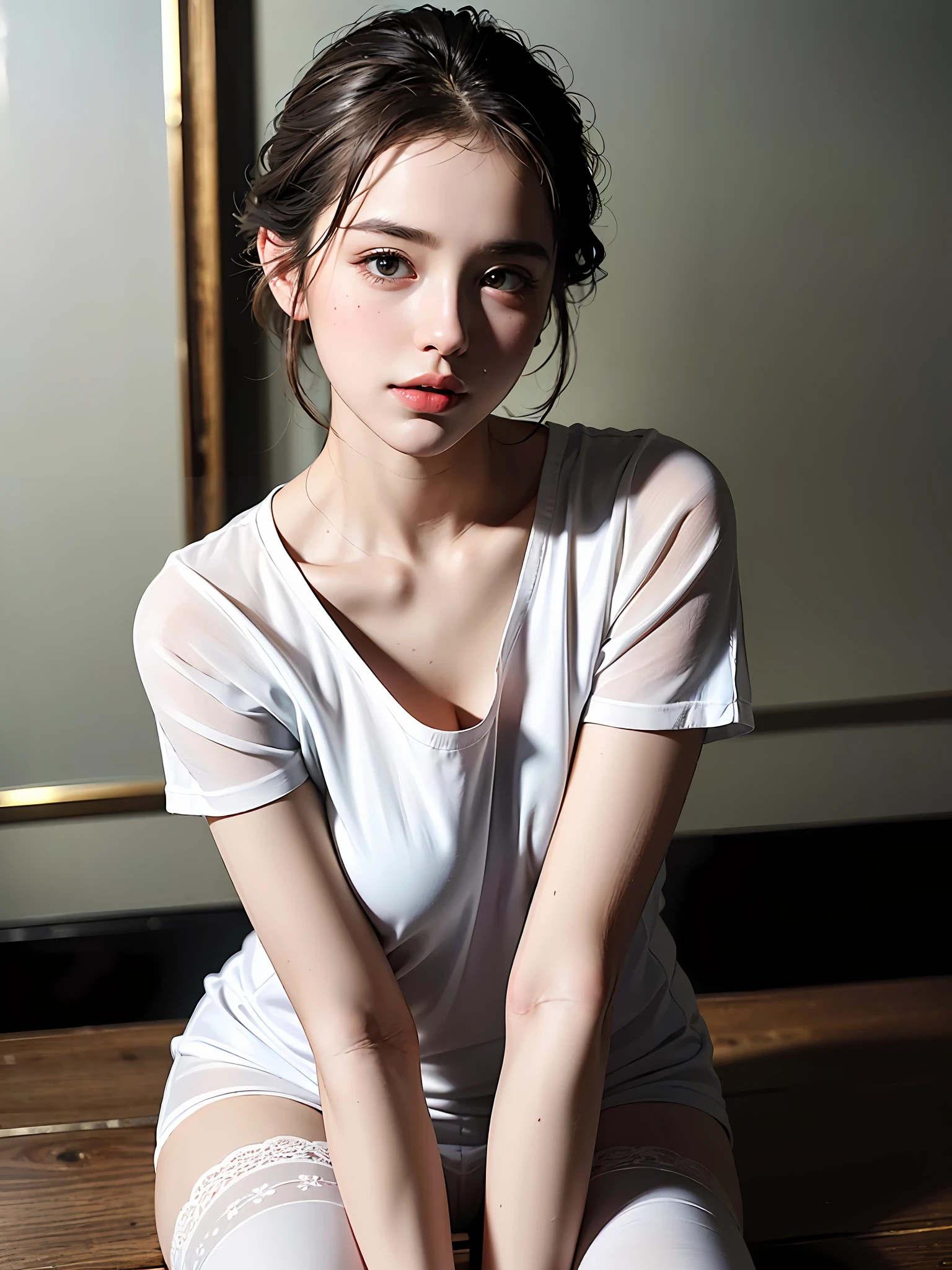 1 girl, full body, indistinct, detailed clothes,white tights, indistinct, casual white shirt, (delicate illustration:1.4),(masterpiece:1.0), (best quality:1.4), (ultra highres:1.2), (photorealistic:1.4), (8k, RAW photo:1.2), (soft focus:1.4), (18yo:1.3), (sharp focus:1.4), detailed beautiful face