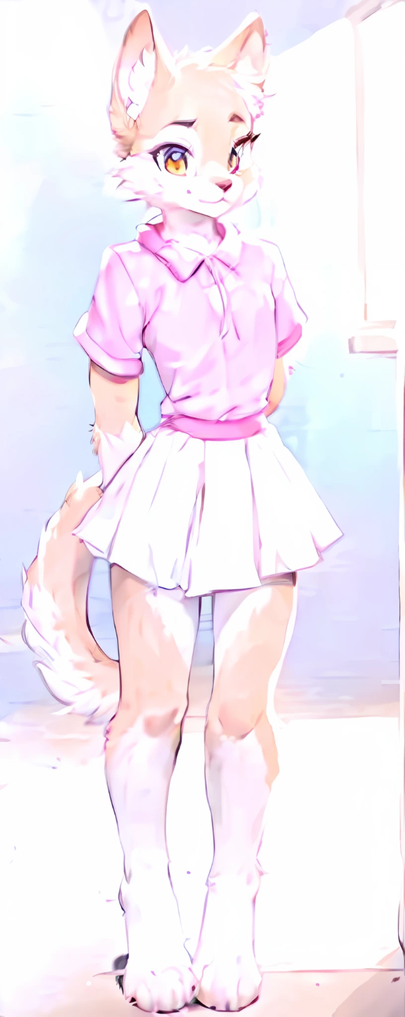 Anthro furry, fursona, wearing pink and white skirt