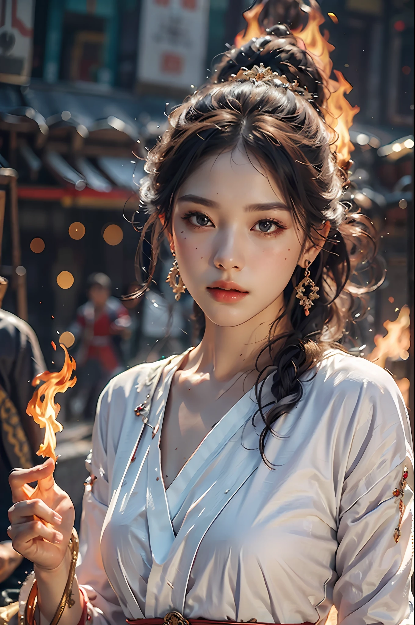 Best quality,masterpiece,ultra high res,(photorealistic:1.4)1girl,beautiful_face,detailed skin,full body,yuhuoshu,jewelry,solo,earrings,(fire:1.3),blurry,realistic,lips,
