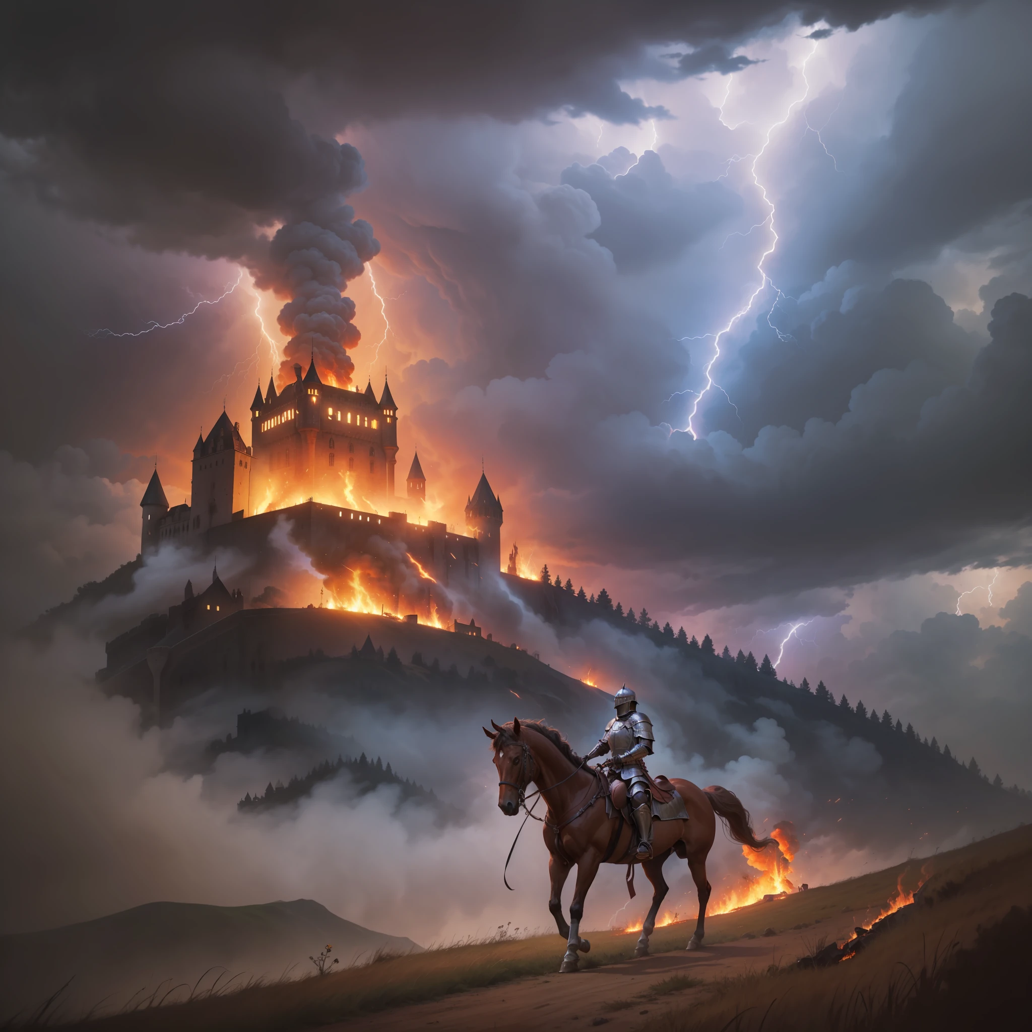 A medieval knight on a brown horse looking up at a burning castle that sits high on a hill in the background of a battlefield during a thunderstorm with dark clouds and lightning.