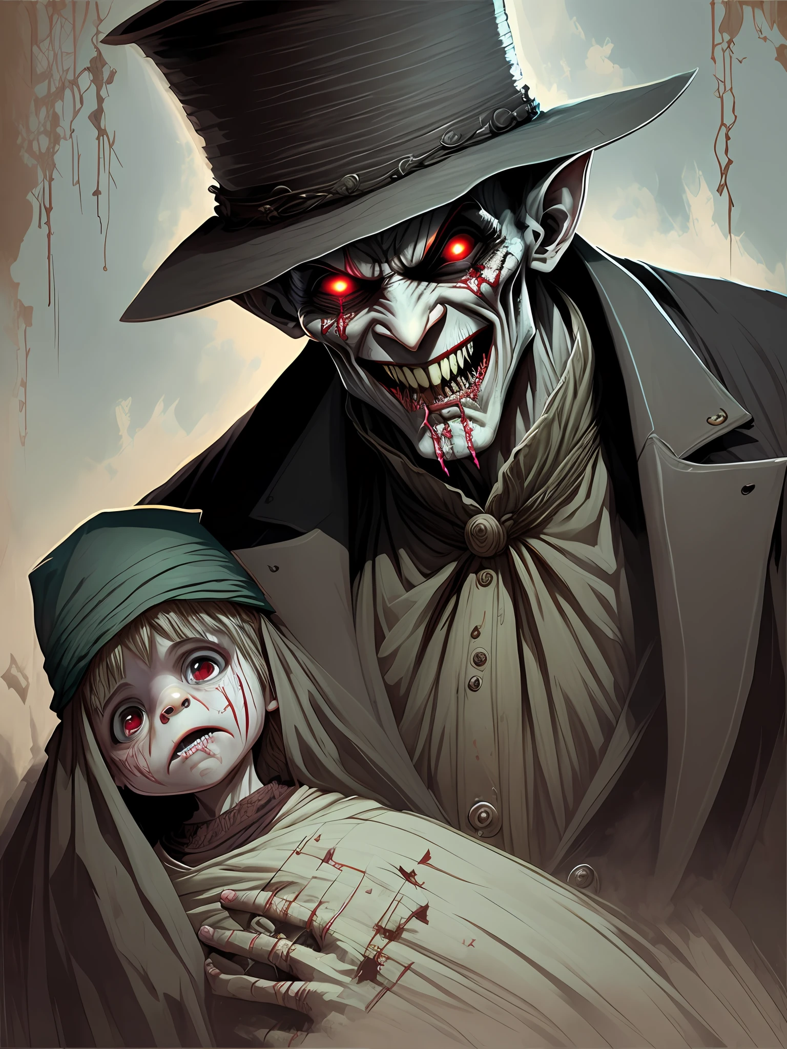 The Kinderfänger's appearance is as disturbing as its actions. He wears a long black coat and a black bowler hat. His eyes are dark and empty, his skin dry and worn like sandpaper and covered in deep scars. The corners of his mouth are permanently pushed up by the huge canine teeth protruding from his lower jaw, leading to a strange and terrifying smile the entire time. He has very long fingers like those of a nosferatu, which allow him to easily grasp a child's entire neck. He is about six feet tall and a slender statue, but possesses enormous strength. He never uses any weapons, but is completely invisible and inaudible to any adult being. --auto --s2