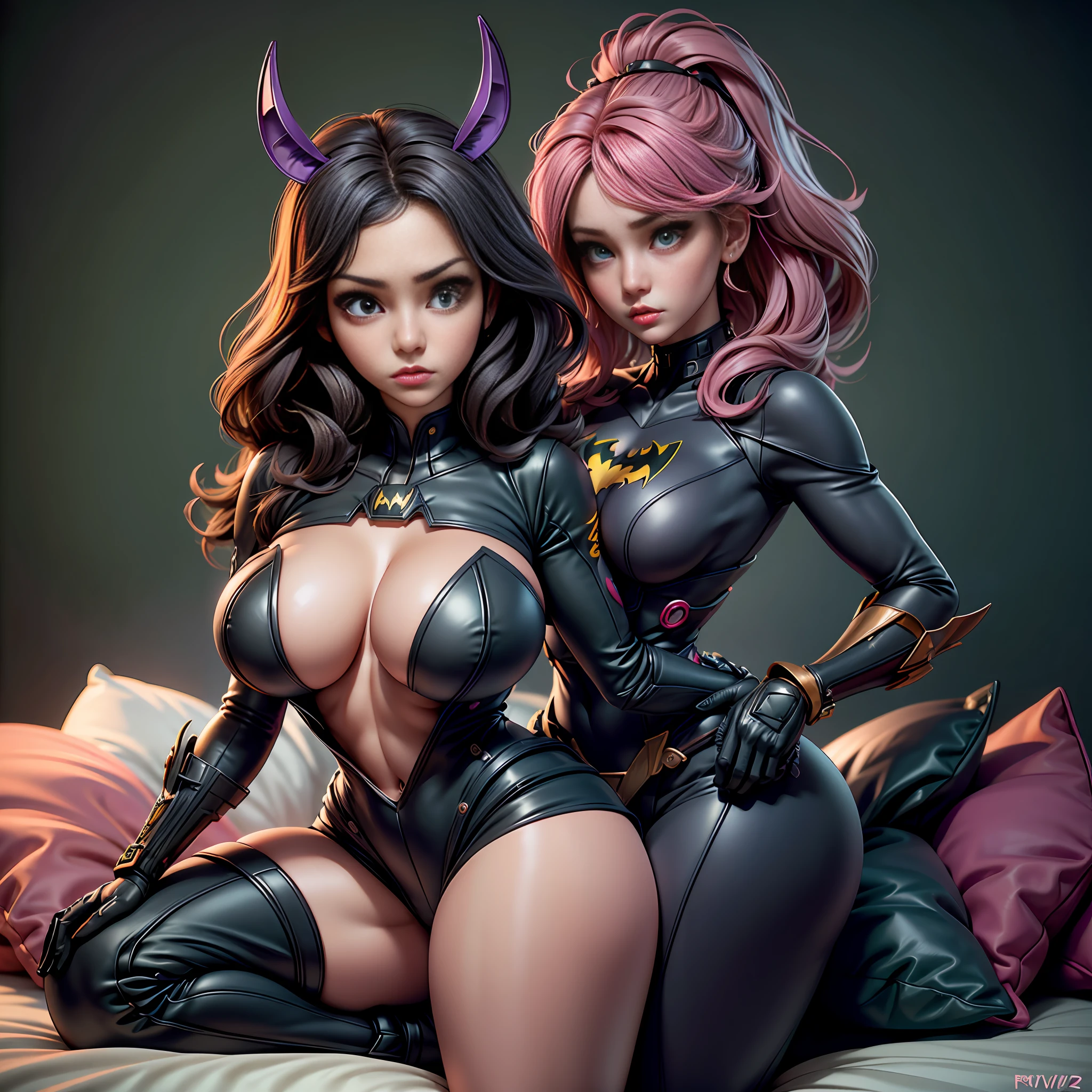 araffe in a pink batgirl outfit posing on a bed, a picture by Eve Ryder, reddit, tachisme, thicc, violet myers, thick thigs, big , thick, thick thighs,  accentuated , angelawhite, tight outfit, cloth body suit, tight attire, beautiful thick female, short cloth with skirt, thick body, very angry  face, mad face, beautiful green eyes, tie hands behind girl, look helpless