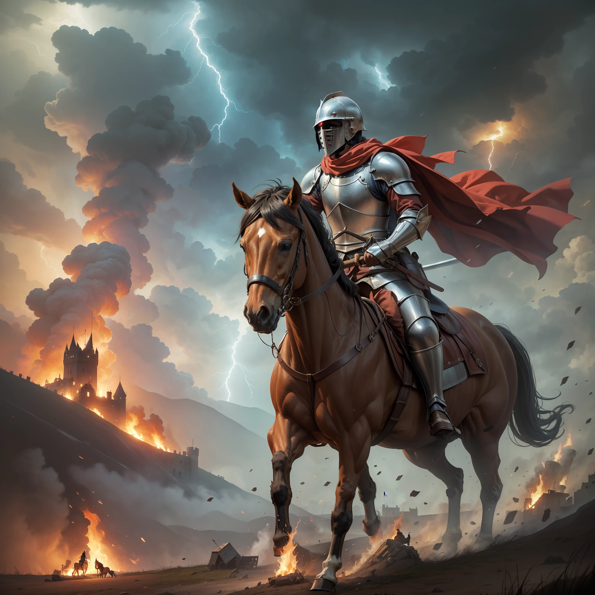 A medieval knight astride a brown horse looking at a burning castle on a hill at the bottom of a battlefield, during a thunderstorm with dark clouds and lightning