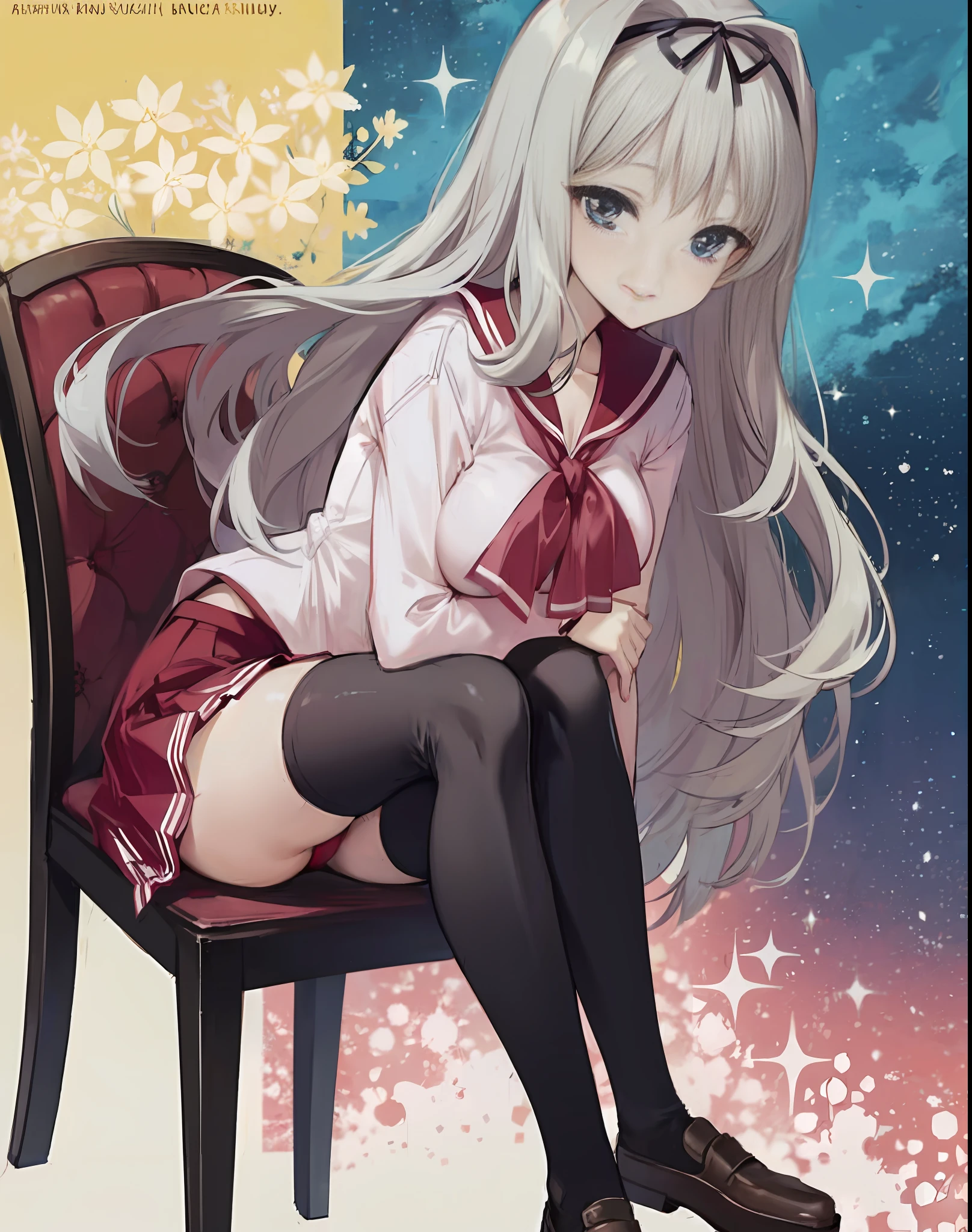 (Very delicate and beautiful: 1.2), 4K, (masterpiece: 1.0), perfect eyes, black-thigh-highs, seductive smile, mature, big, close-range, slender legs, sitting on a chair, laughing, arms on hips, sideways, long blonde wavy, dressed in a pink sailor suit, high school girl with red collar and red miniskirt, red ribbon. Anime-style illustrations.