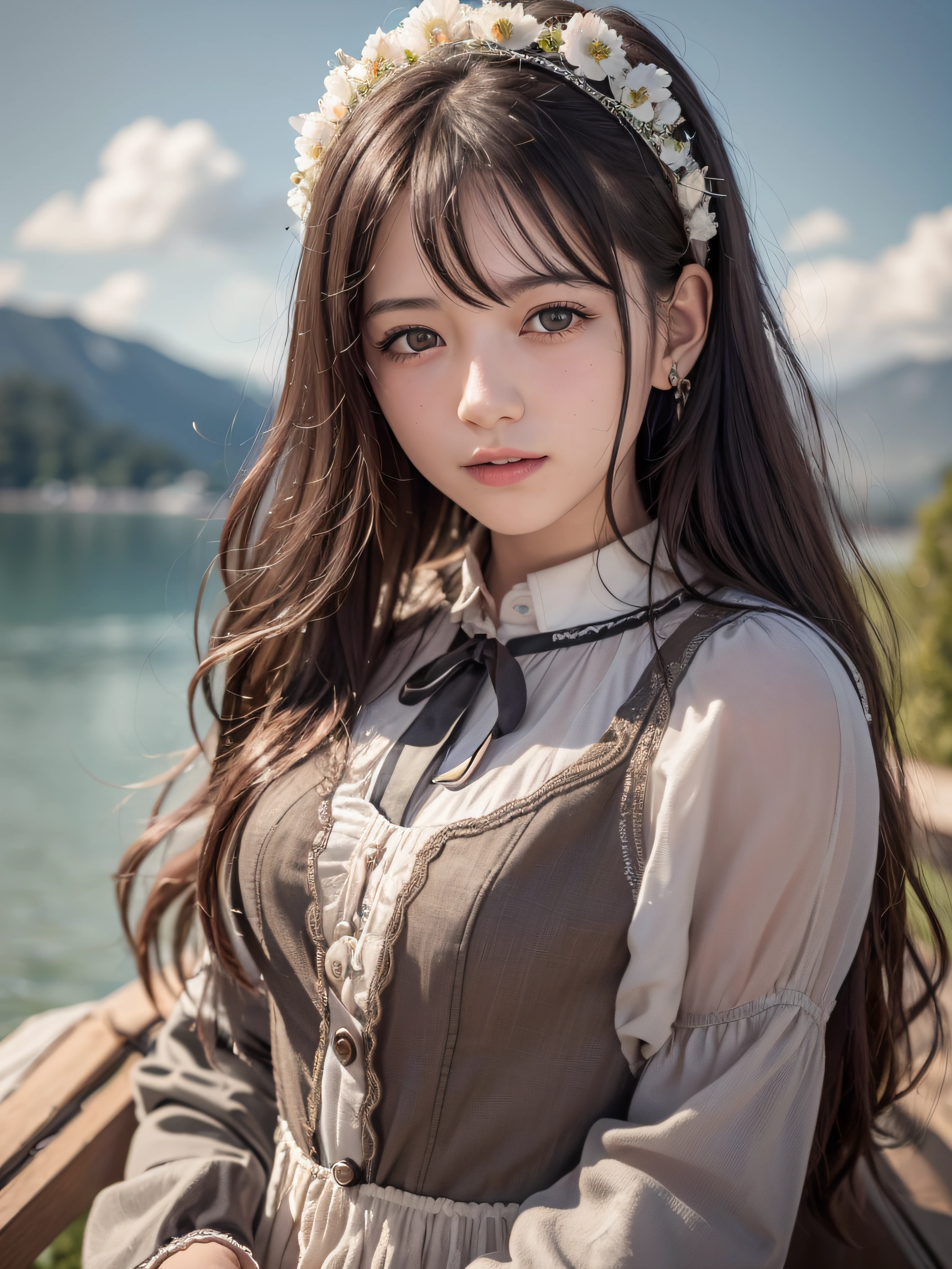 (realistic, photo-realistic:1.37), incredibly absurdres, (insanely detailed:1.3), 8k, (masterpiece), (best quality:1.4), (ultra high res:1.2), (RAW photo:1.2), ultra detailed background, (unity 8k wallpaper), 1 nogizaka girl, utterly cute, (((bishojo))), (((12yo))), (chiemsee tracht), an exquisitely detailed and beautiful face and eyes and skin, detailed black shine hair, small-medium breasts, a chiemsee tracht with delicate and beautiful soft fabric, smile at the camera, cowboy shot, scenery of lake geneva, professional lighting