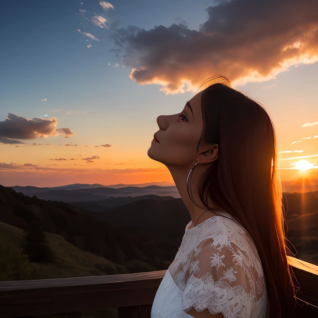 Middle-aged woman looking up at the sky, orange lacy dress, black high-heeled shoes, long black hair. Image in the background of a sunset in a reddish hue. Ultra realistic image, 8k