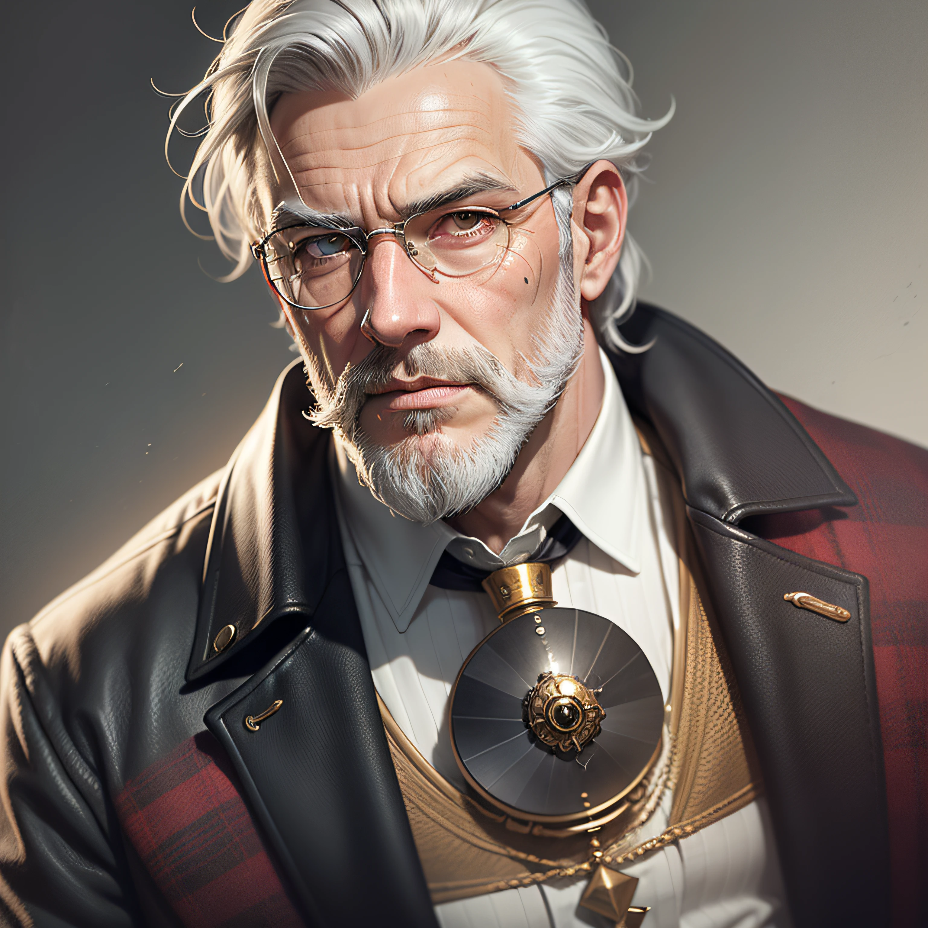 A young man with gray hair, well-trimmed gray beard, has a scar on his eye, wears an antique red monocle, style of old clothes all white, the environment is a dark saloon, realistic drawing style, face focus