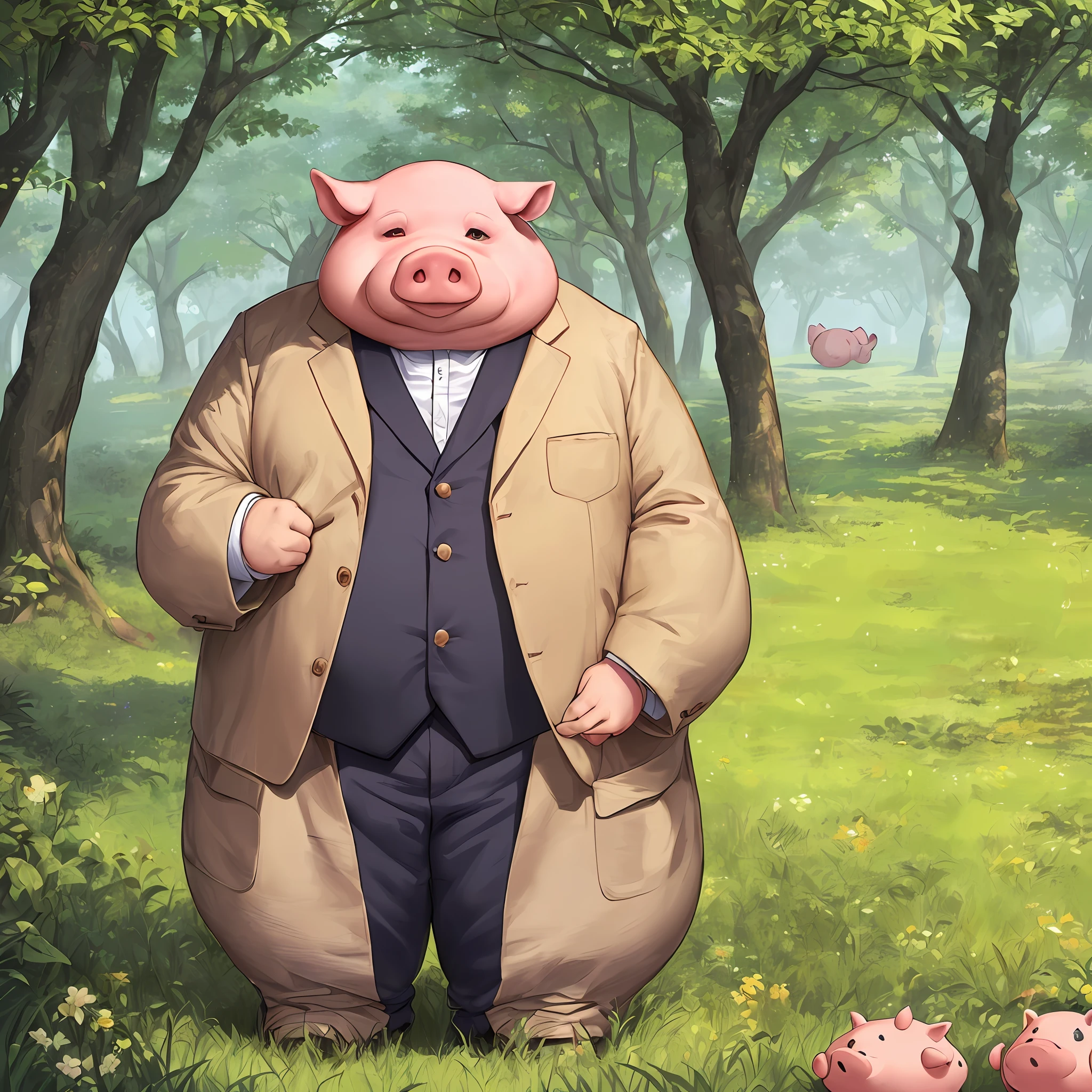 Standing in the primeval deep forest (a chubby pig character with some human-like features. He has a round face with two small eyes flashing mischievously. His mouth is large and his lips are thick. (Lazy and cute atmosphere: 1.9) (Wearing a suit 1.9) --auto