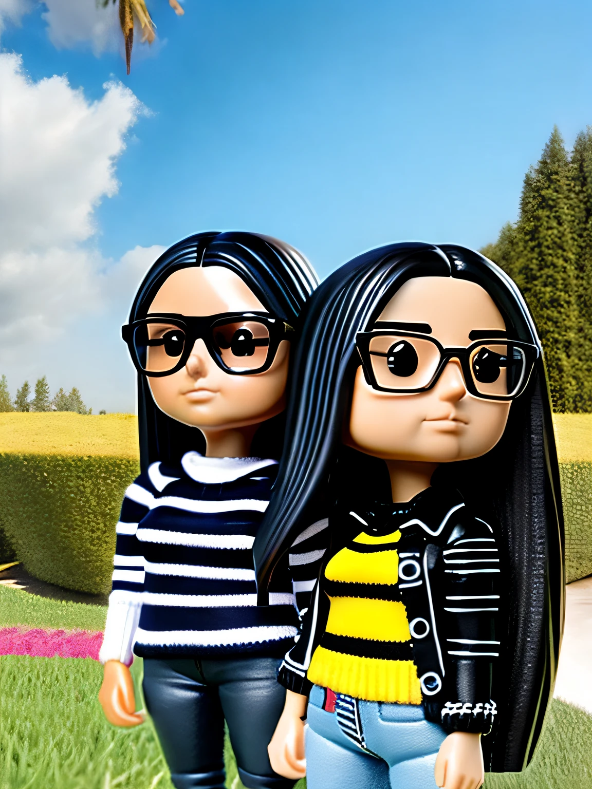 The same girl in the image as a Funko Pop, is Indian with dark long hair, with glasses, wears the same long jeans and black and white horizontal striped sweater, image of the girl the closest thing to the sample