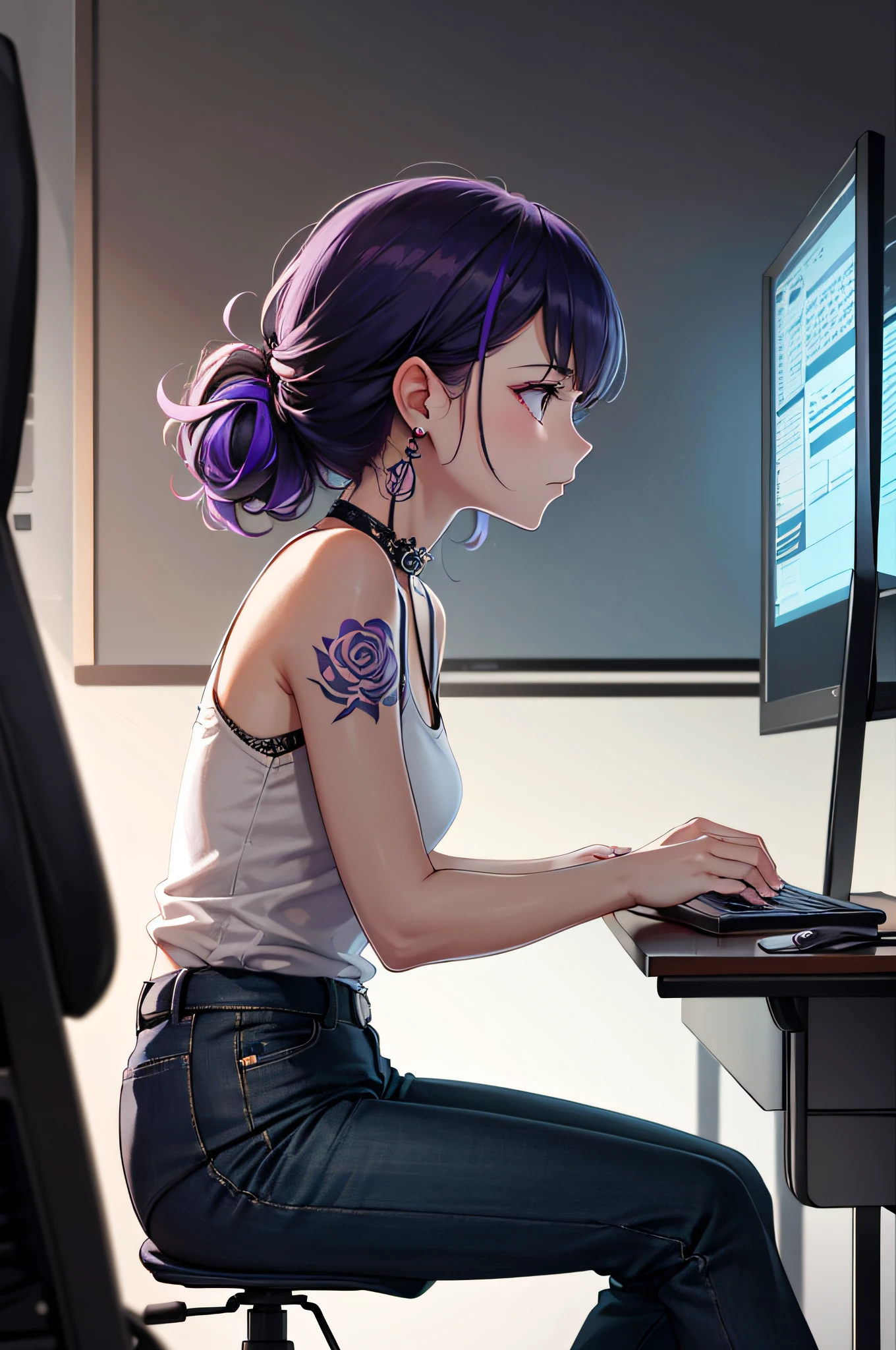 (masterpiece),high detailed, detailed, high quiality, (judy alvarez),1girl, solo,cyberpunk 2027,room background,desk,3 monitor, pc,pants,(from side),(programming),typing on keyboard,monitor light,light on face,green and purple hair,left side of shaved head,neck rose tattoo,small white shirt,tattoo on boob,arms tattoo,left arm 13 tattoo,red spiderweb tatto on right shoulder,eyeshadow,no light in room, darkness, sitting, sit on chair, serious expression,head from side,side head,(((looking at monitor))),