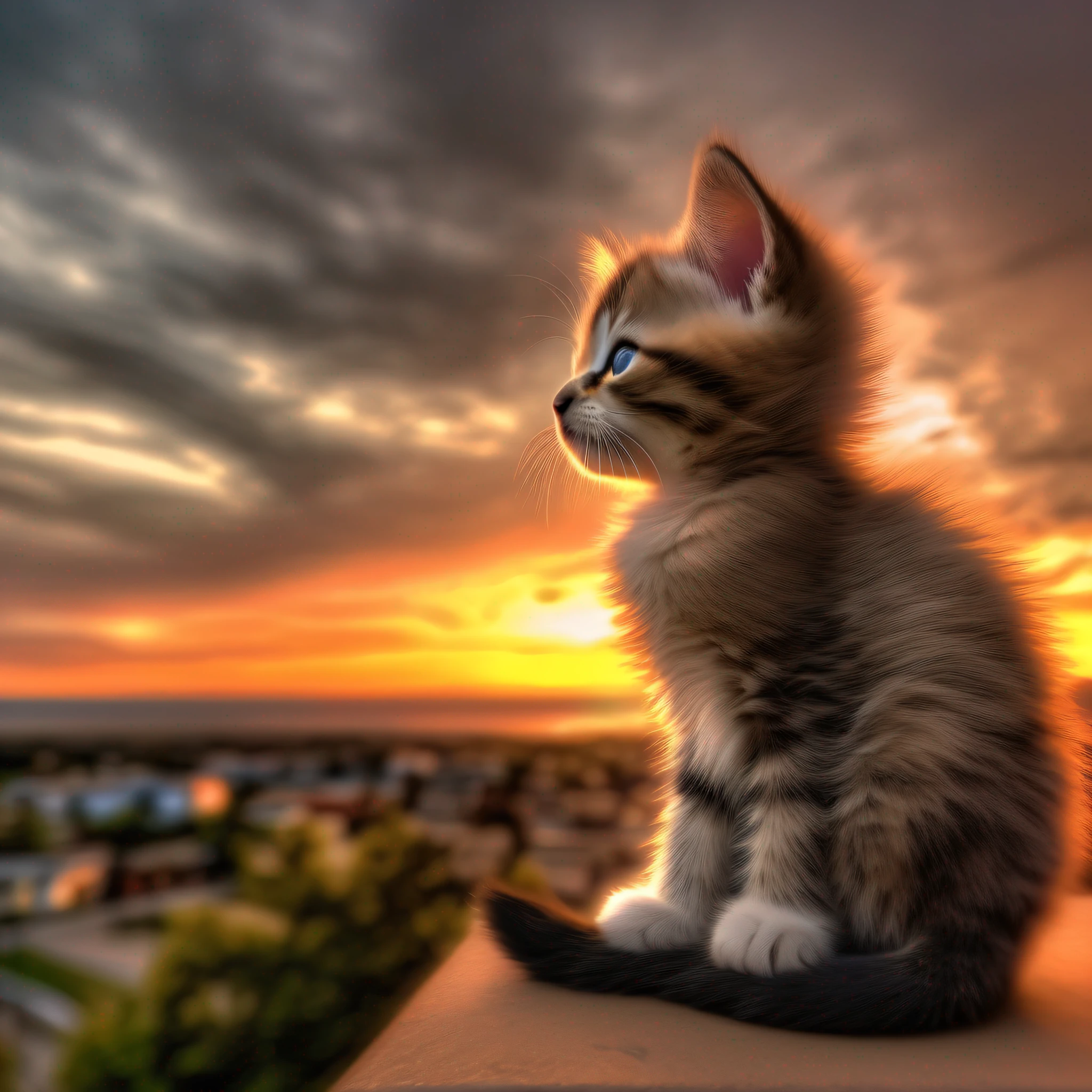 A cute, detailed, HDR kitten watching the sunset