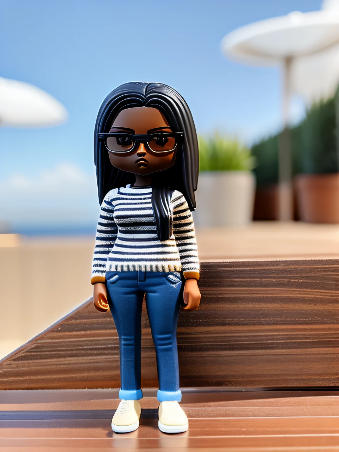 The same girl in the image as a Funko Pop, is Indian with long dark hair, dark skin acieitunada, with glasses, wears the same long jeans and the sweater to the horizontal stripe black and white, image of the girl the closest thing to the sample but shaped like Funko Pop