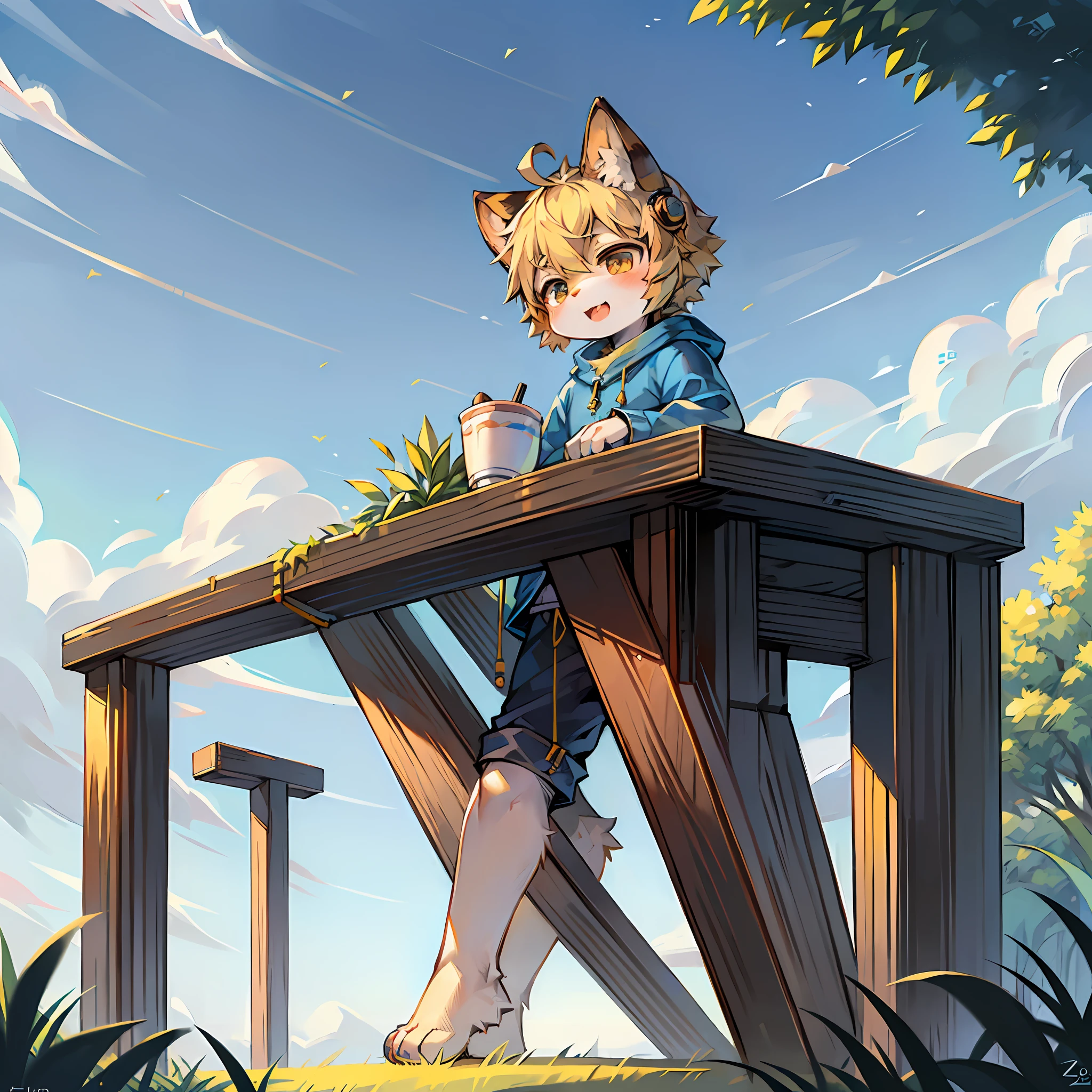 (Light Environment: 0.8), Masterpiece, High Quality, Abstract Res, Digital Painting\(artwork\), by Dagasi, Yupa, Kiyosan, (Anthro, Fluffy Fur, Character Focus: 1.1), Anthro Male Cat, Short Hair, Portrait , bright eyes, panorama, character focus. (Detailed background: 0.7), Solo, Furry, Furry Male, Male Focus, Anthr, (Full body fur, Fluffy tail, White fur, Eyes dark red left eye golden right eye, Yellow hair: 1.2), (Canid, Shota, cute, white T-shirt, blue shorts, white socks, sneakers: 1.2), (Outdoors, sitting on a bench, eating a lollipop: 1.1)