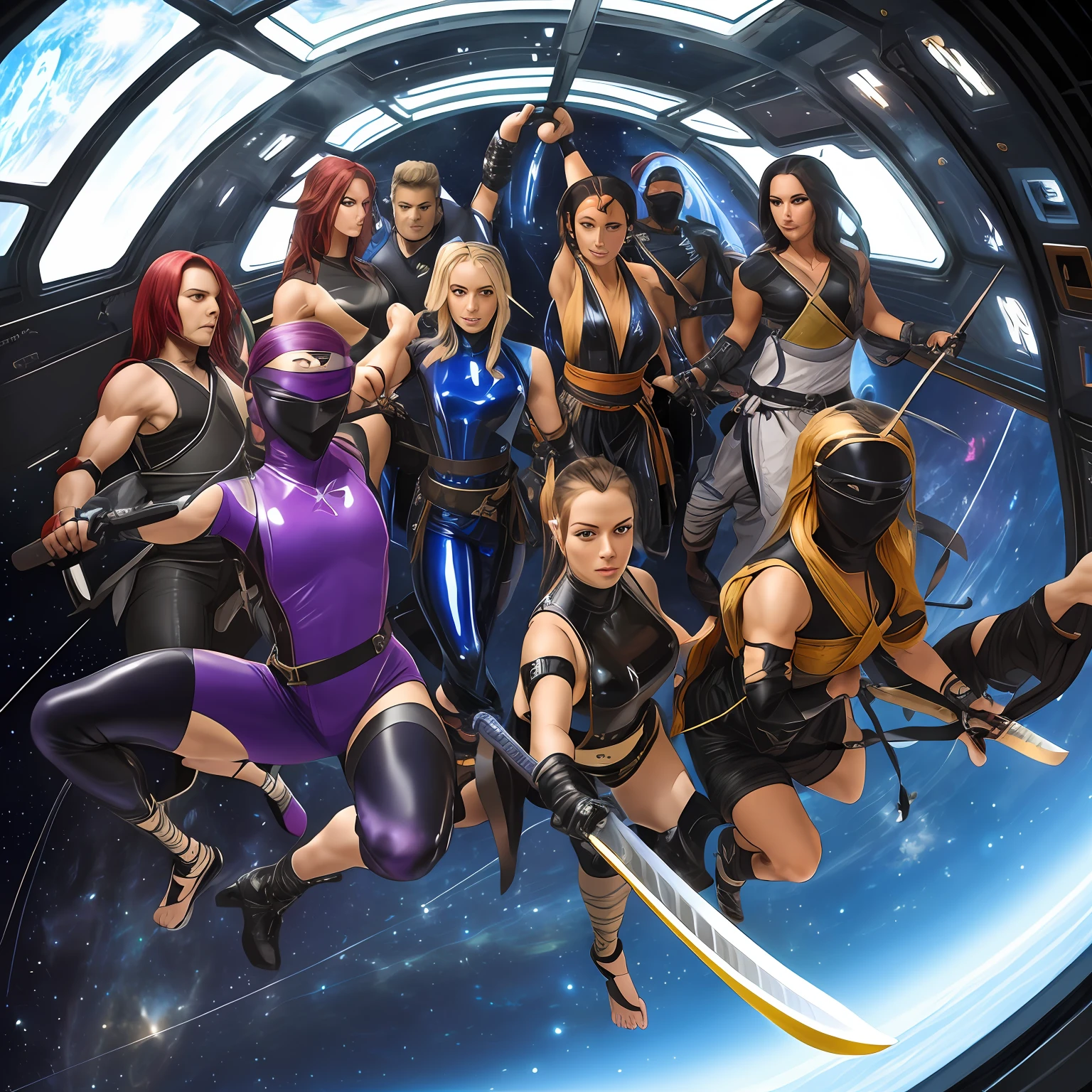 greek hoplites 5 people in spaceship latex bdsm harness straps buckles army dynamic fight jumping kicking group battle martial art, katana, ninja, (body suit), dynamic, group, team, 5 characters, bdsm aeon flux latex stripes buckles frazetta latex dominatrix warrior muscle princessbarbarian priestess, night, cosmos, space inside spaceship, stars outside windows
