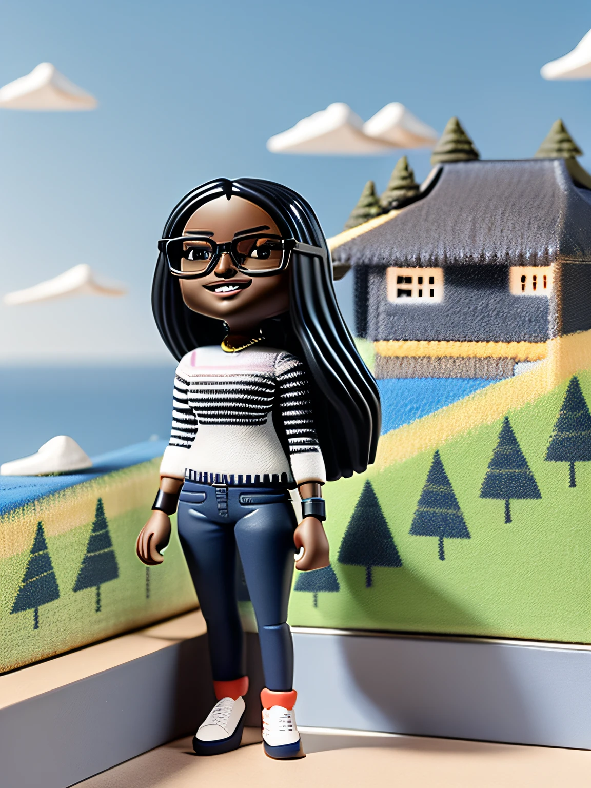 The same girl in the image as a Funko Pop, is Indian with long dark hair, dark skin acieitunada, with glasses, smiling, wears the same long jeans and sweater to the horizontal stripe black and white, image of the girl as close to the sample but shaped like Funko Pop