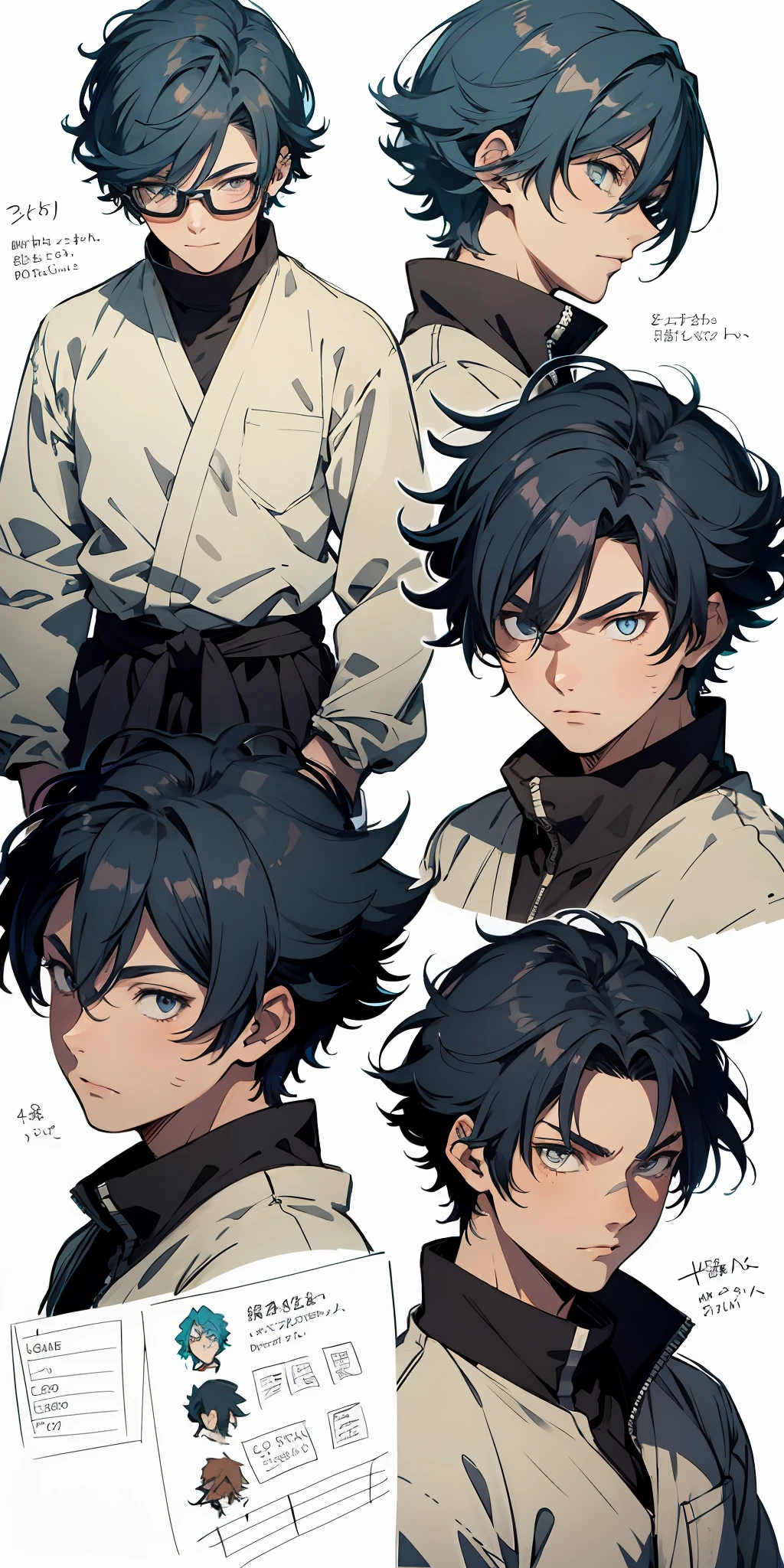 absurd resolution, high resolution, (masterpiece: 4.1), ultra-detailed, (character sheet)1 boy having the features of ichigo, Goku and Naruto, eyes of flames, blue hair, only face front, side and back.