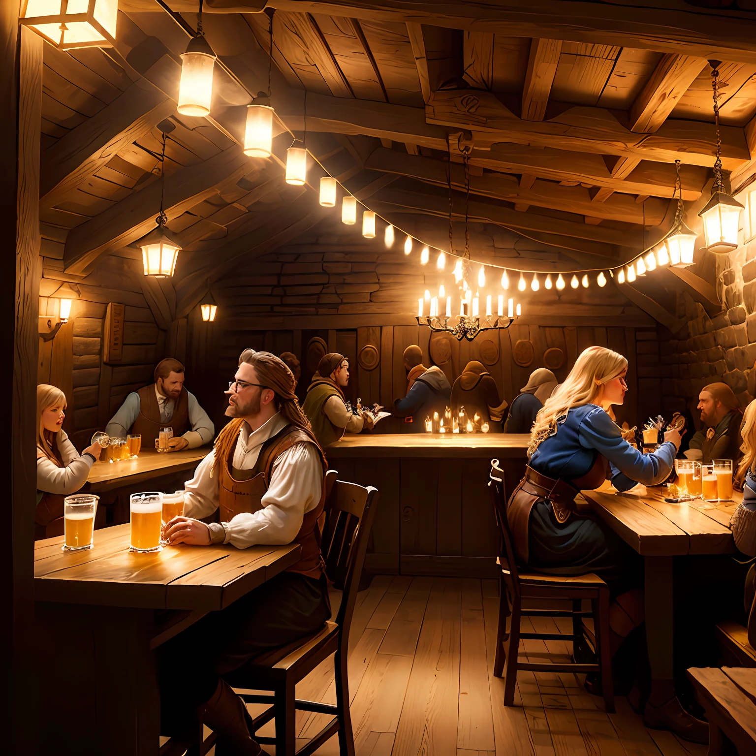 medieval bar, viking aesthetic, wooden barrels, beer, wine, songs, singers, warriors, vikings realistic --auto