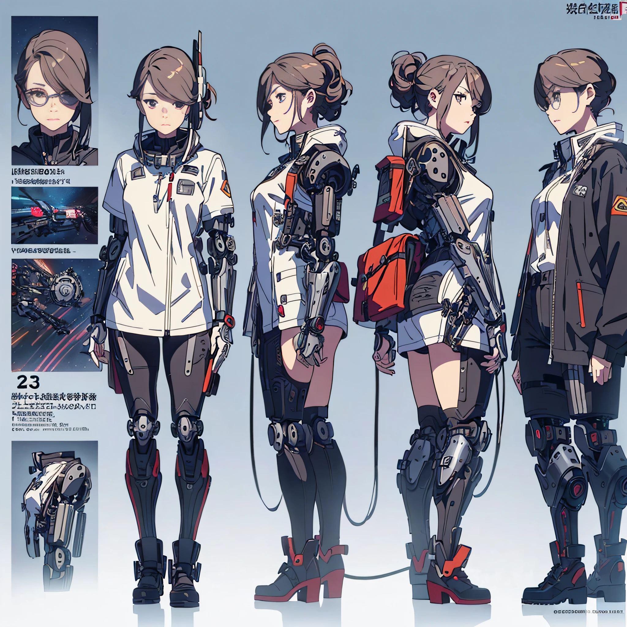 ((masterpiece)),(((best quality)),(character design sheet, same character, front, side), illustration, 1 girl, hair color, fax hairstyle, eyes, room change scene, Fax, Zitai pose, Female, Shangyi Shirt, Star, Charturnbetalora,bandaid on face,watch(mechanical neck) high-end fashion photoshoot, concept photoset, profile photo, editorial fashion photography, full body portrait photo, wearing space techwear, ((mechanical limbs)) drone, anatomically correct, sharp image, open jacket, chain, purse, backpack, buttons, finely detailed, masterpiece, cyberpunk style (single background, white background: 1.3), --6