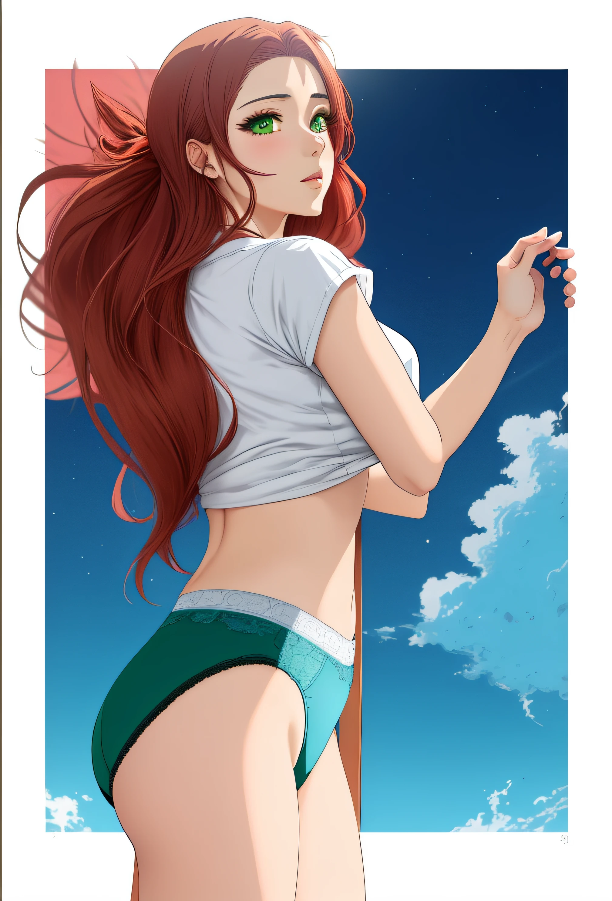 Red haired Curvy Latina with green eyes in blue shirt and white cotton high cut panties, lifting shirt, anime art style, intricate details
