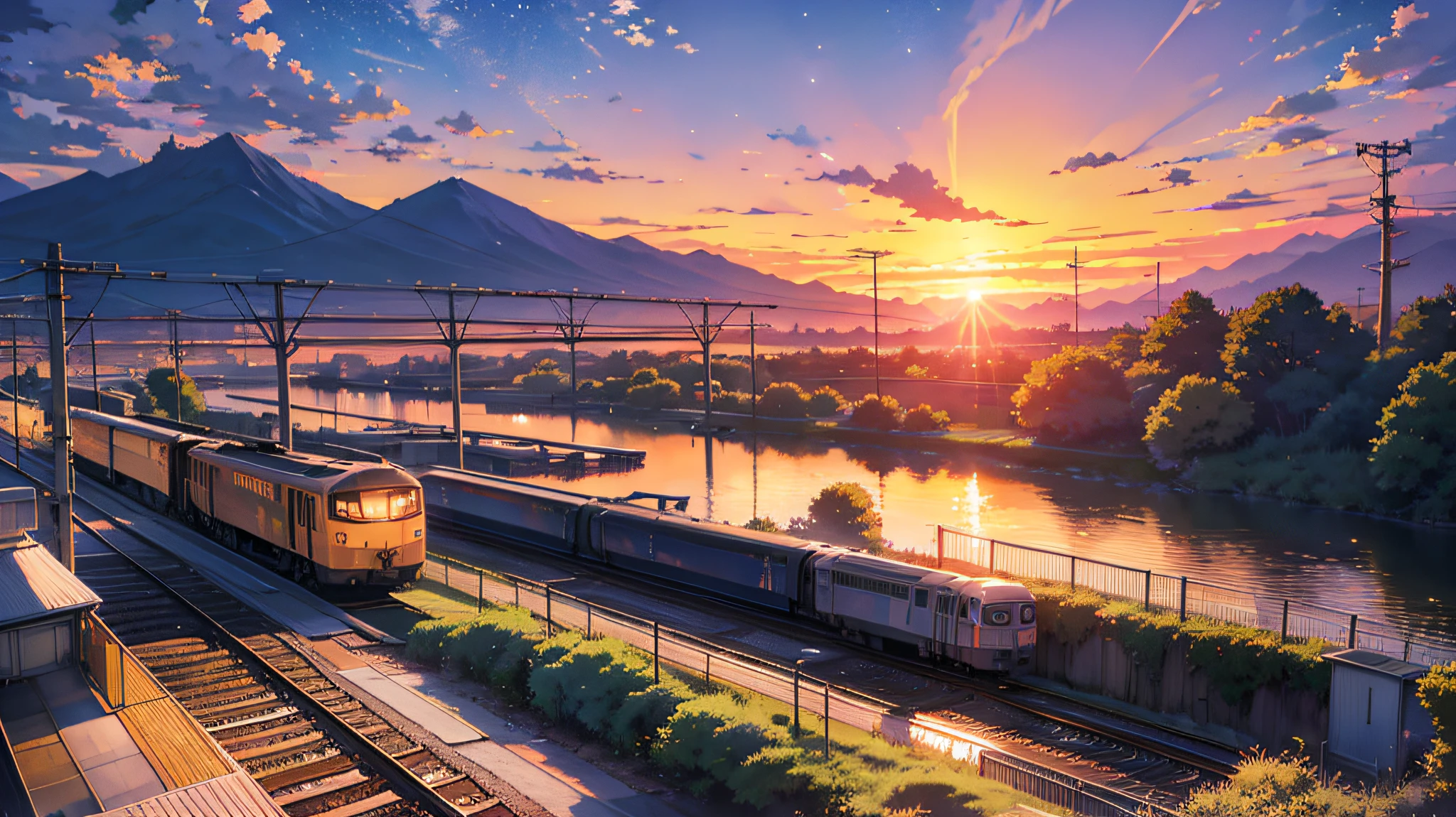 Anime train crossing the track of sky background, beautiful and harmonious scene, exquisite animation, rich detail, high quality, clarity 4k, artistic sense 4k wallpaper, stunning anime landscape, 8k art wallpaper. --auto