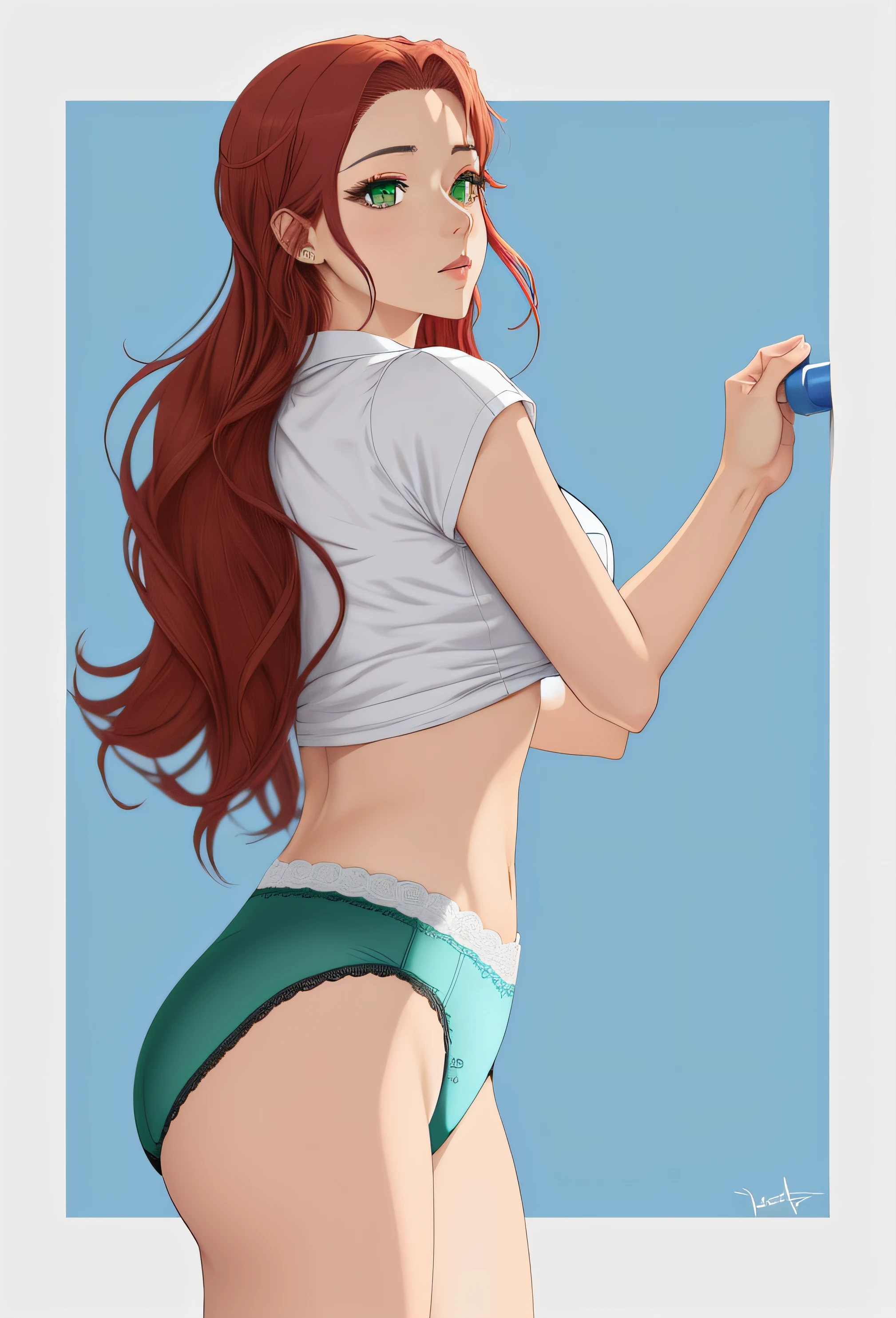 Red haired Curvy Latina with green eyes in blue shirt and white cotton high cut panties, lifting shirt, anime art style, intricate details