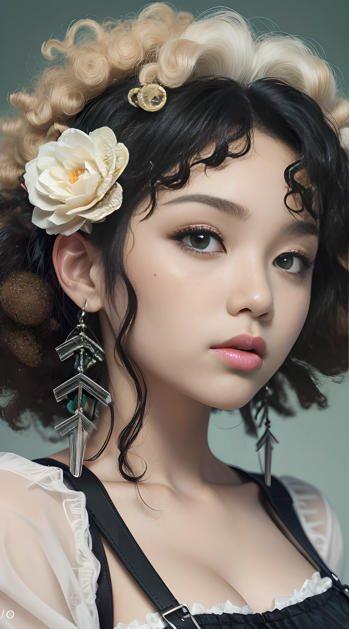 Girl Highly Detailed Face and Skin Texture, ((white skin)) big green eyes, slim face, juicy lips, bimbo lips, big puffy breast, ((afro curly Black hair)), pale skin, Detailed Eyes, Double Eyelids,