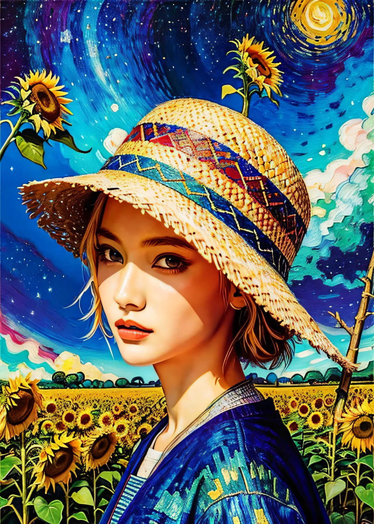 oil painting, 1 girl, by van gogh, colorful, abstract, abstract background, masterpiece, best quality, ultra detailed wallpaper, 20 year old bo, Wearing a straw hat, cornfield, tree, star, surreal dreamscape, sunflowers,night,