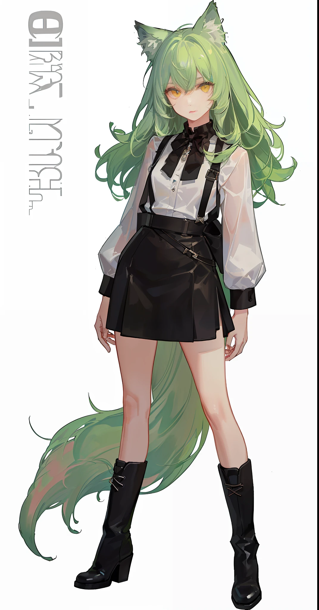 White shirt, black suspenders, black leather boots, stand straight, full body, divinity, light green hair, mullet head, yellow eyes, wolf ears, expressionless, depicted eyes, delicate facial features, anatomically correct, looking at the audience, treated hair, clear lines